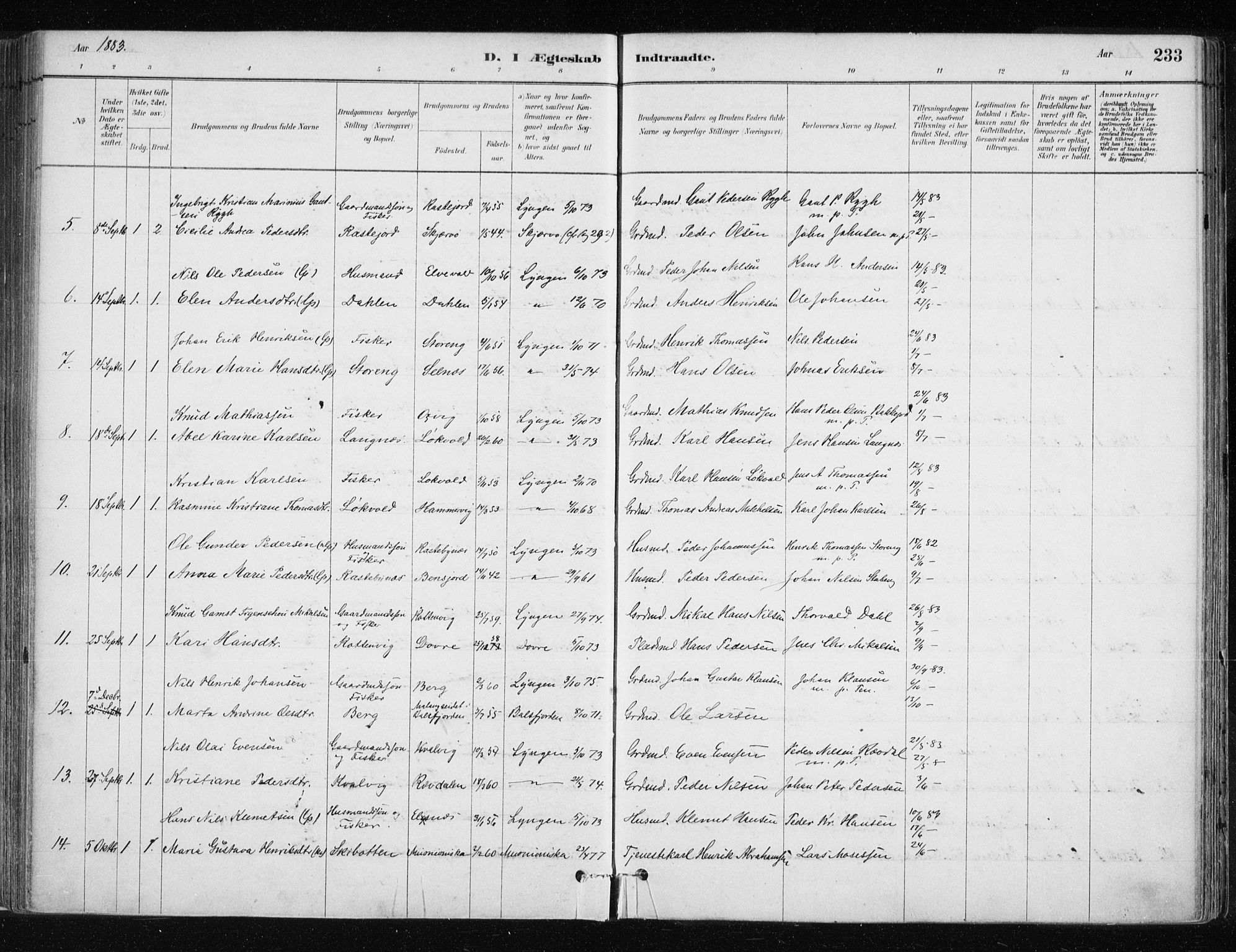 Lyngen sokneprestembete, AV/SATØ-S-1289/H/He/Hea/L0007kirke: Parish register (official) no. 7, 1879-1890, p. 233