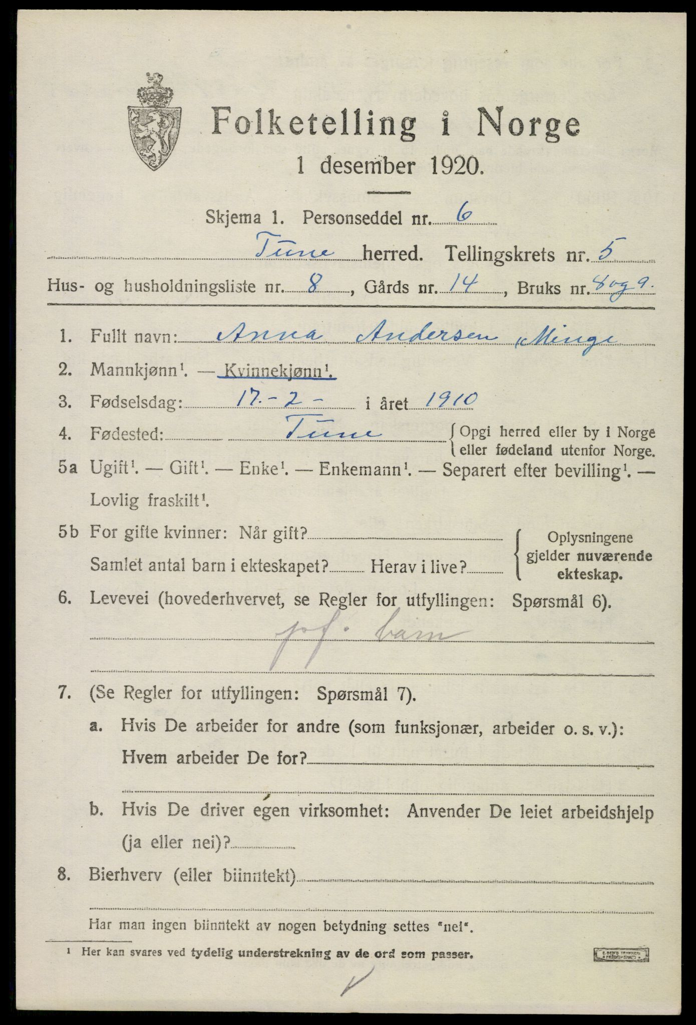 SAO, 1920 census for Tune, 1920, p. 5514