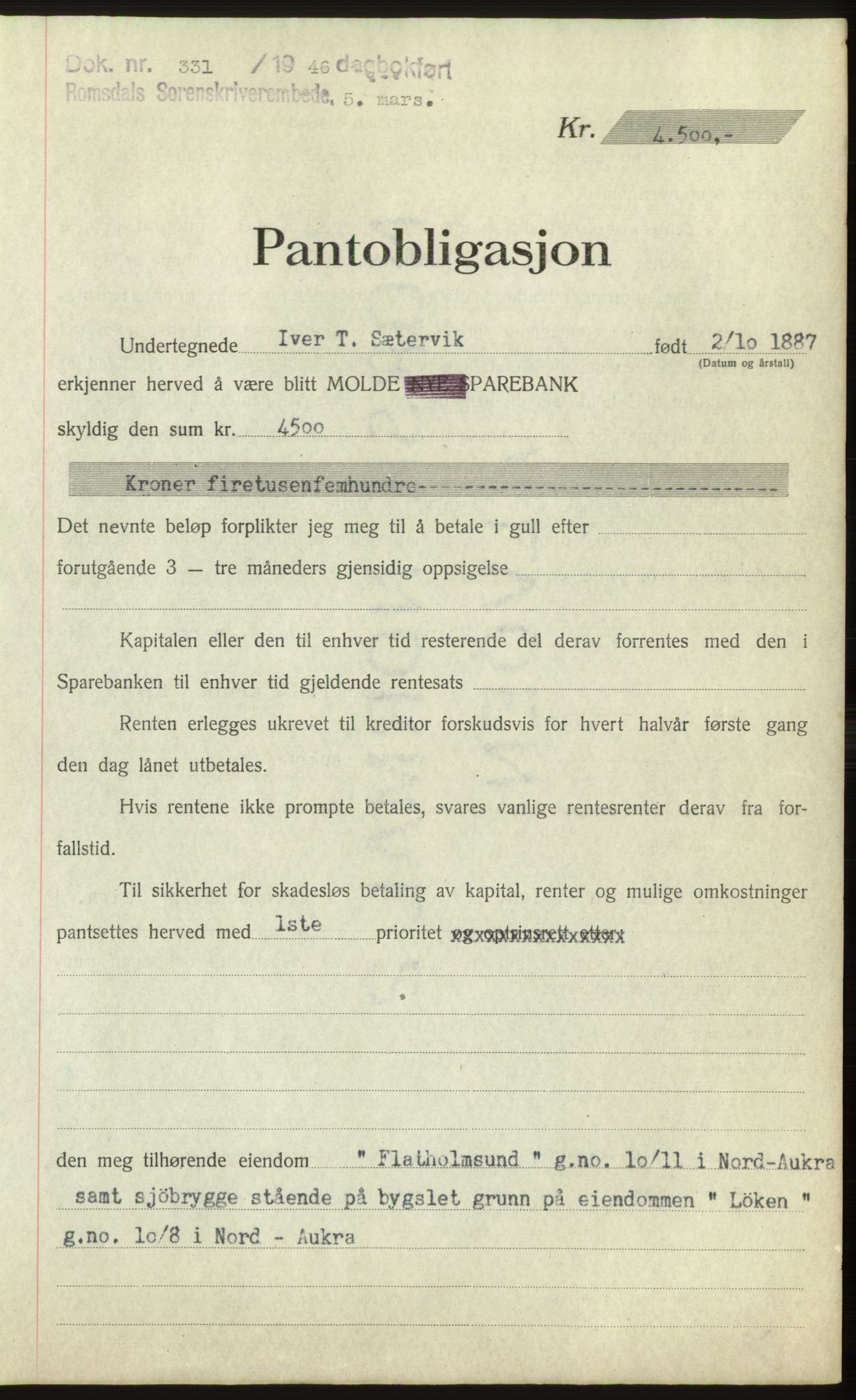 Romsdal sorenskriveri, AV/SAT-A-4149/1/2/2C: Mortgage book no. B3, 1946-1948, Diary no: : 331/1946