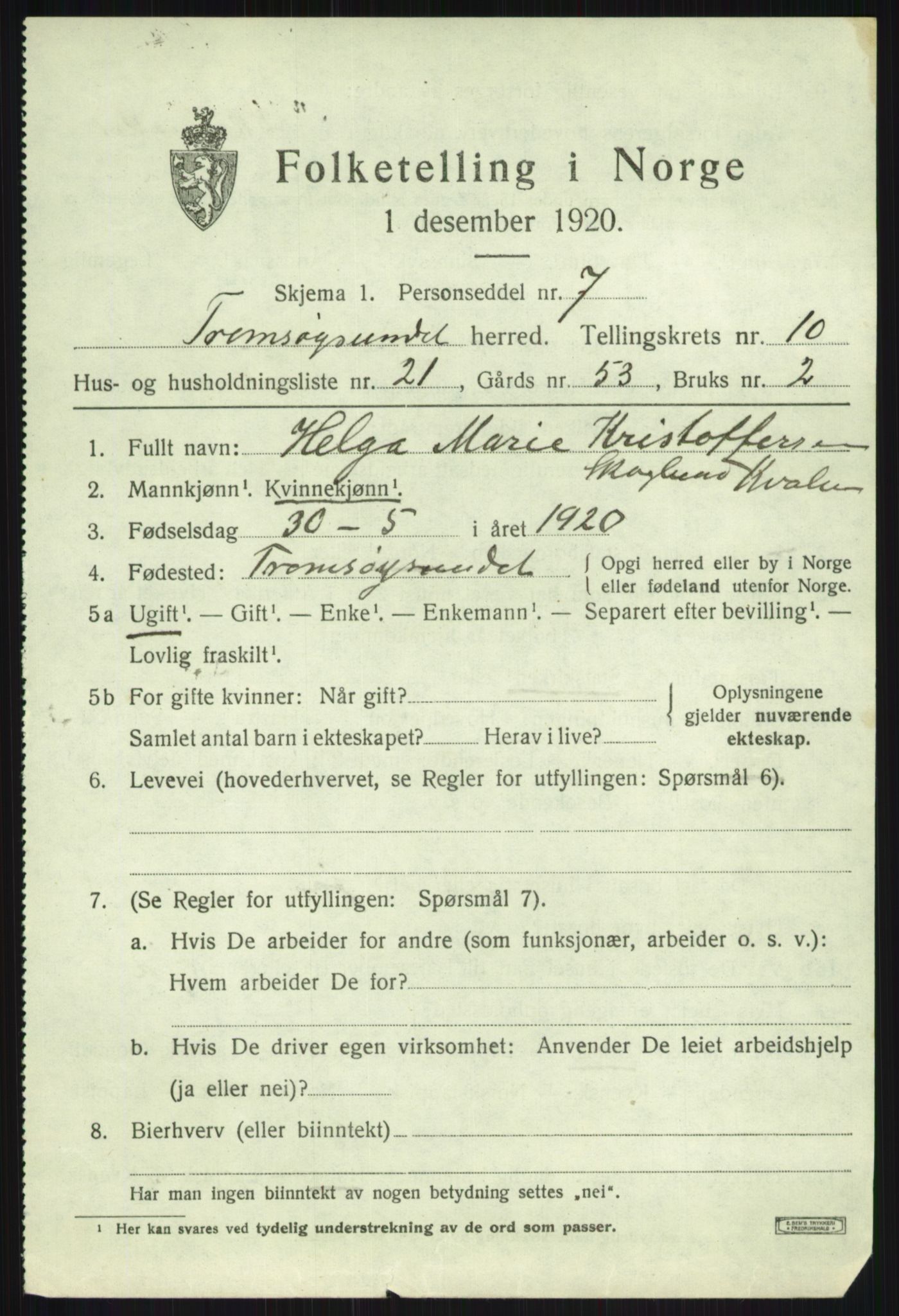 SATØ, 1920 census for Tromsøysund, 1920, p. 7222
