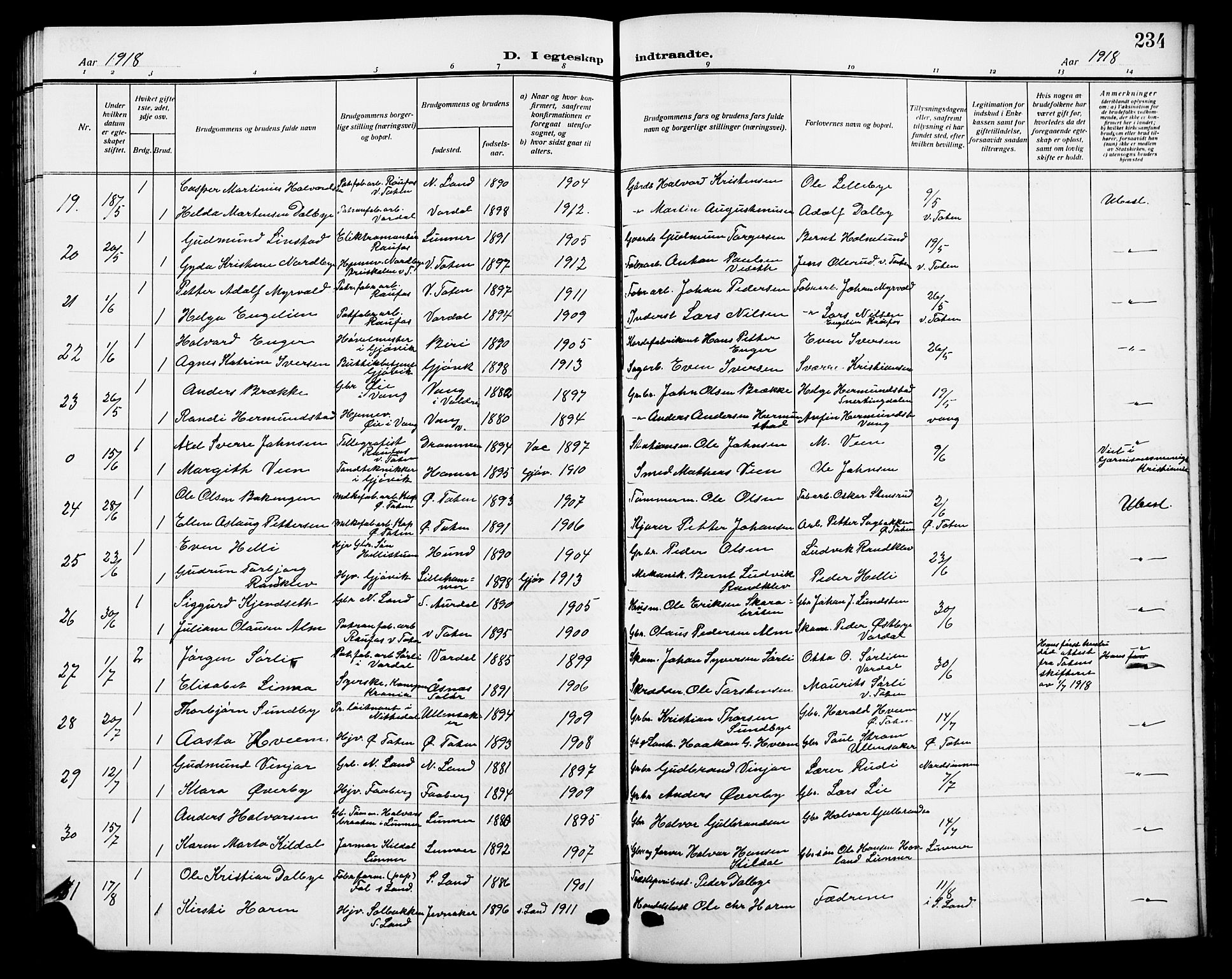 Vardal prestekontor, SAH/PREST-100/H/Ha/Hab/L0014: Parish register (copy) no. 14, 1911-1922, p. 234