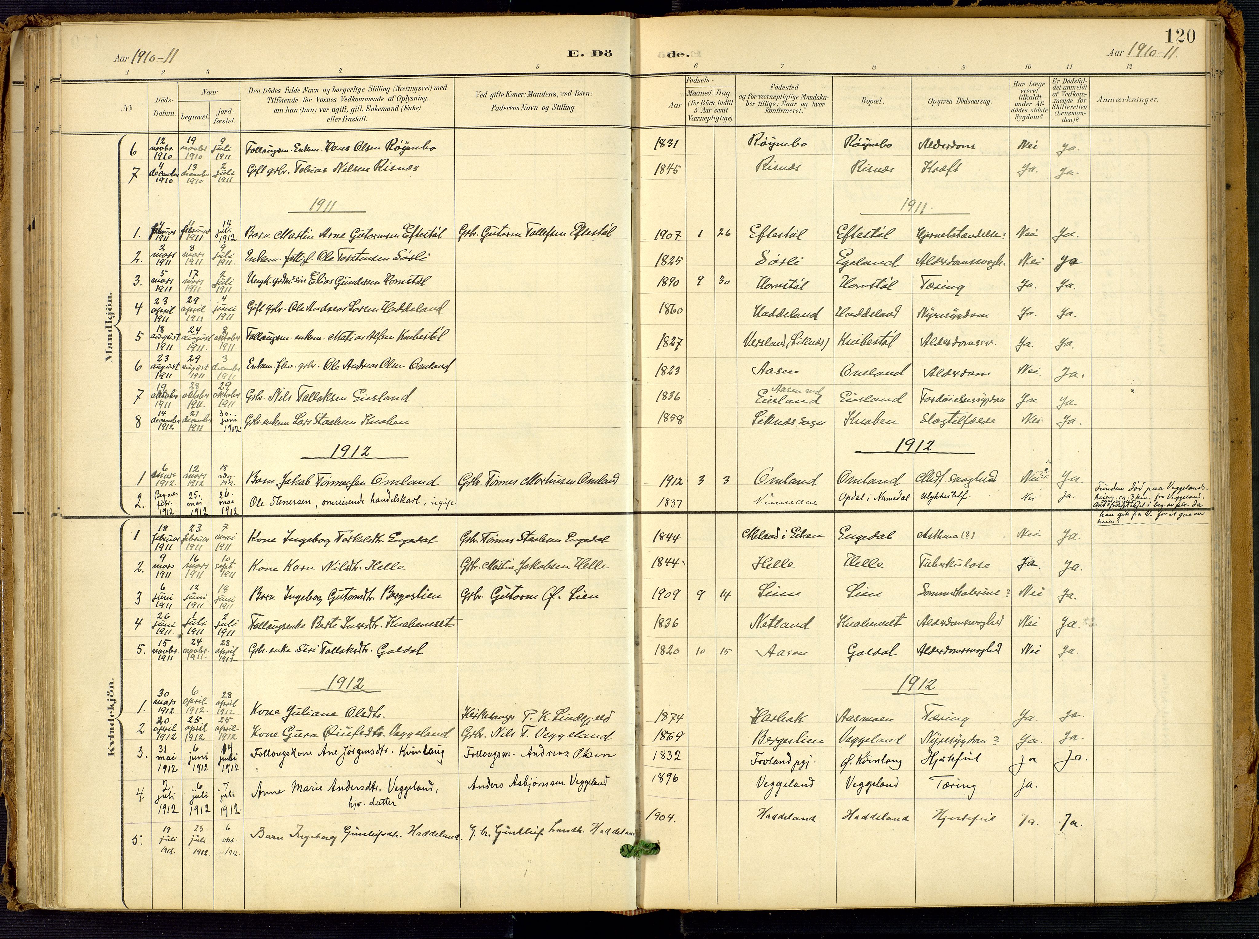 Fjotland sokneprestkontor, AV/SAK-1111-0010/F/Fa/L0003: Parish register (official) no. A 3, 1899-1917, p. 120