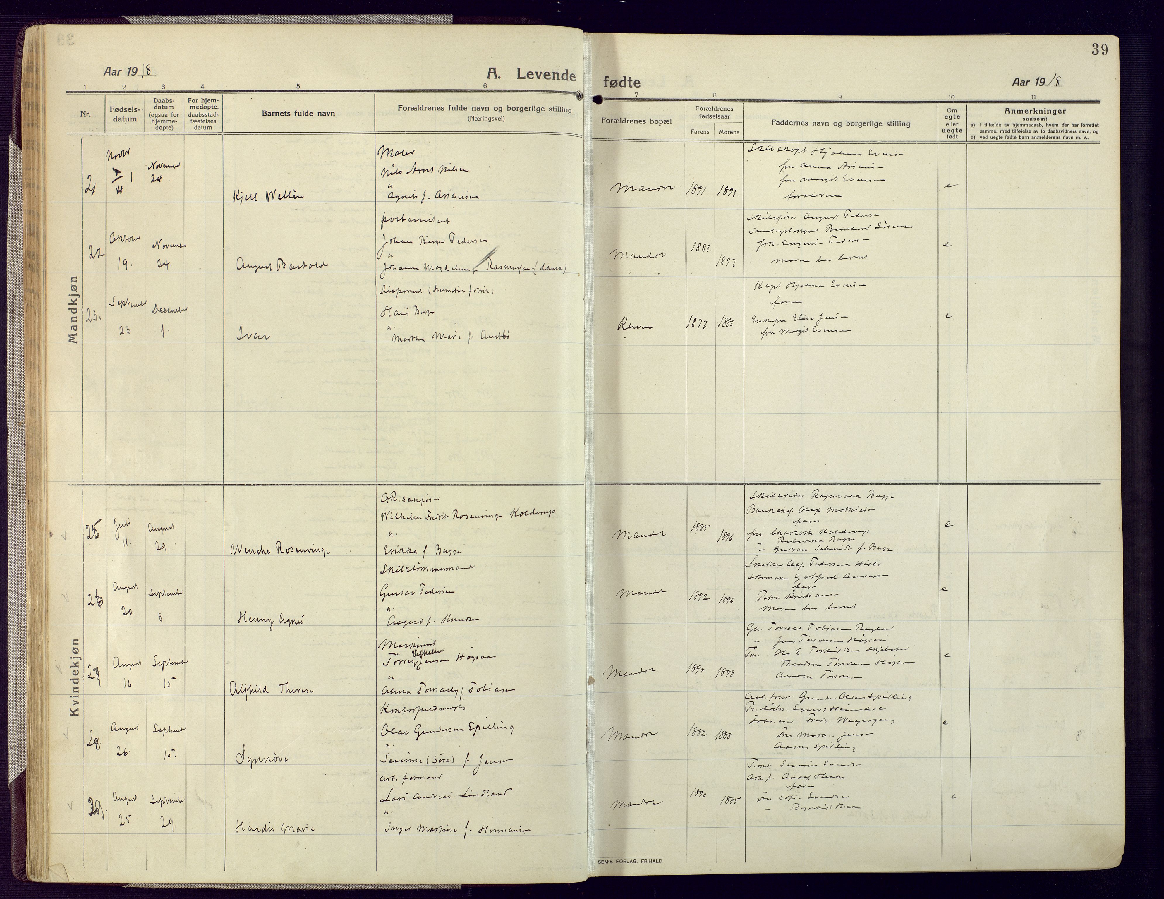 Mandal sokneprestkontor, AV/SAK-1111-0030/F/Fa/Fac/L0001: Parish register (official) no. A 1, 1913-1925, p. 39