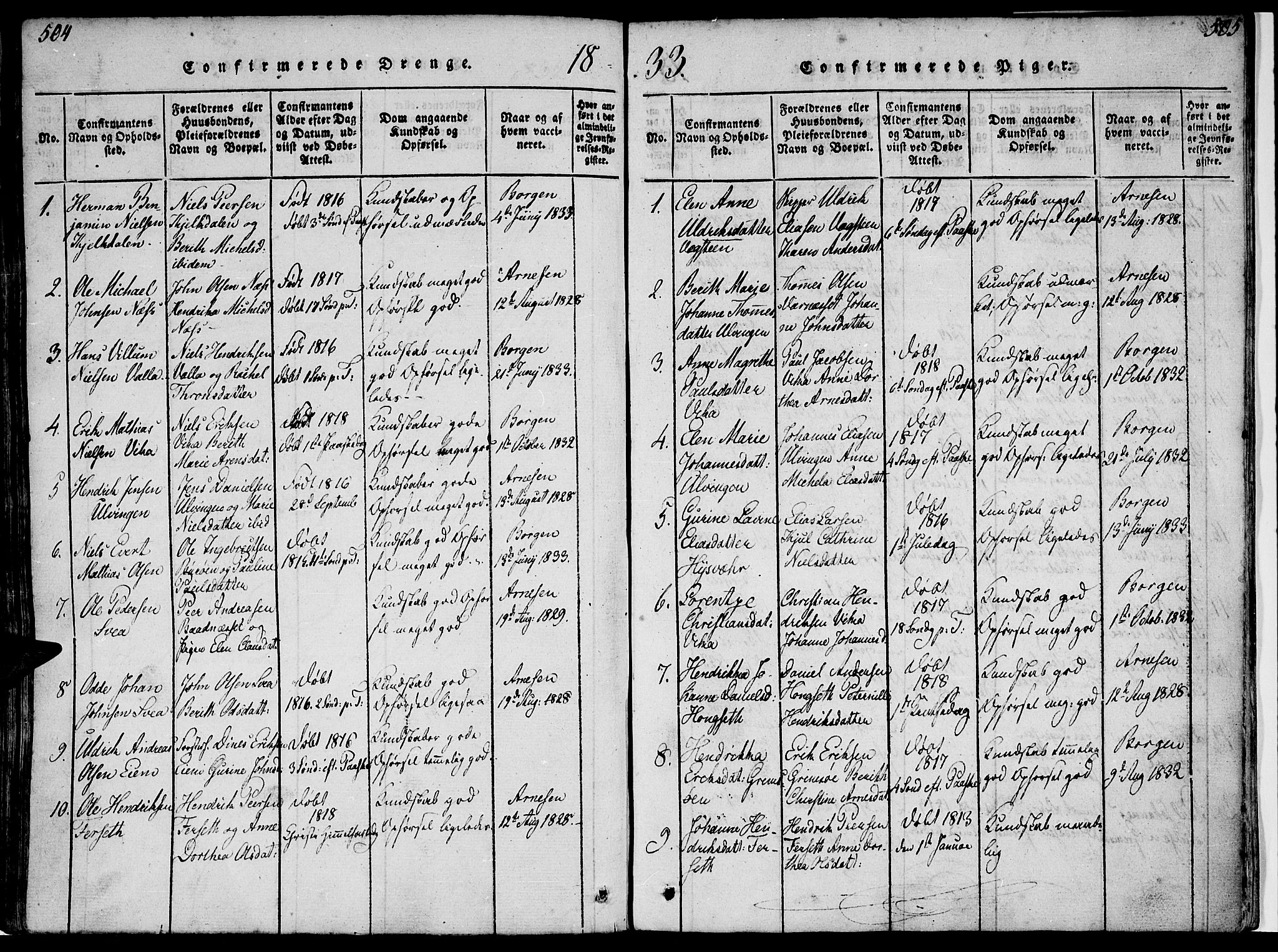 Ministerialprotokoller, klokkerbøker og fødselsregistre - Nordland, SAT/A-1459/816/L0239: Parish register (official) no. 816A05, 1820-1845, p. 504-505