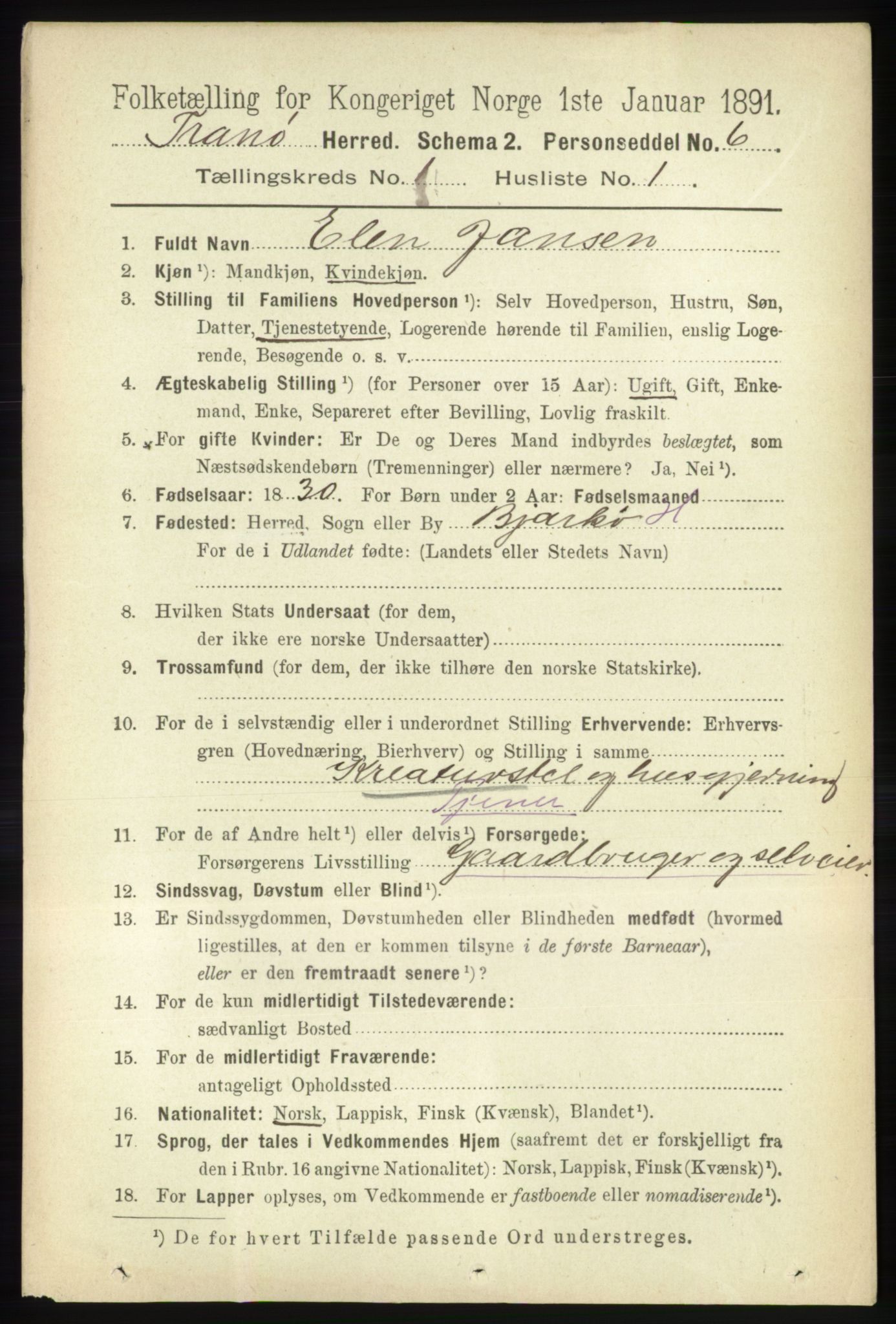 RA, 1891 census for 1927 Tranøy, 1891, p. 72