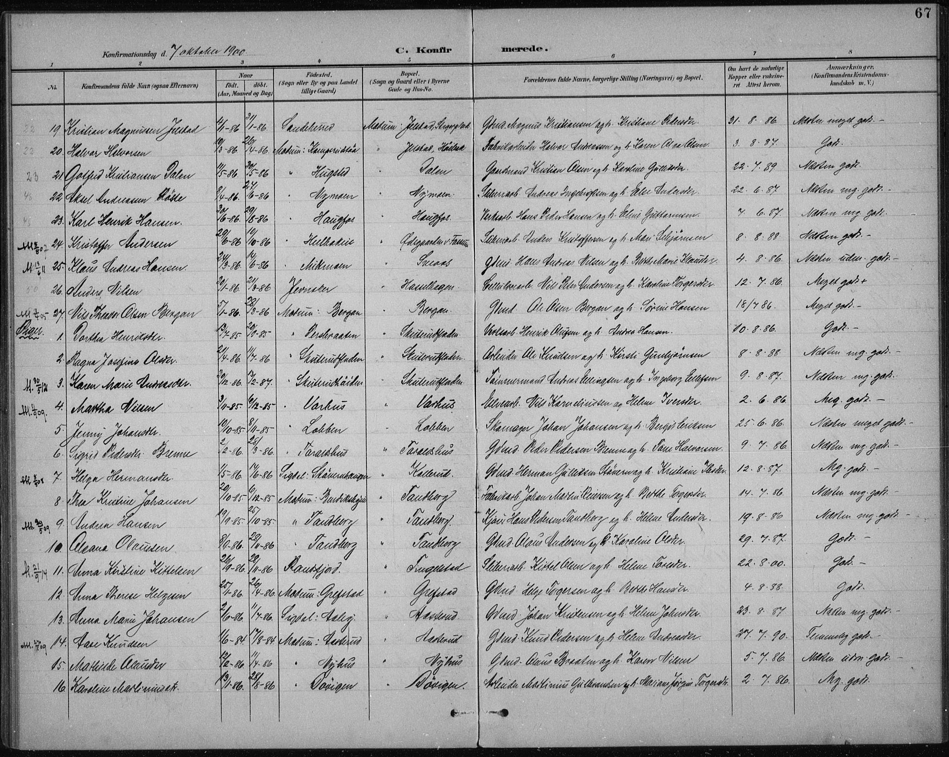 Modum kirkebøker, AV/SAKO-A-234/F/Fa/L0017: Parish register (official) no. 17, 1900-1915, p. 67