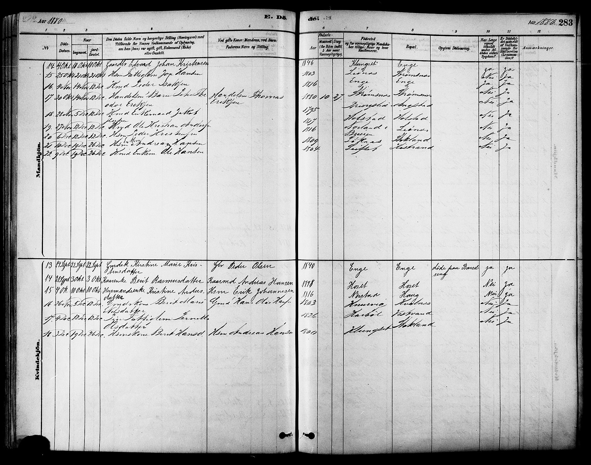 Ministerialprotokoller, klokkerbøker og fødselsregistre - Nordland, SAT/A-1459/852/L0740: Parish register (official) no. 852A10, 1878-1894, p. 283