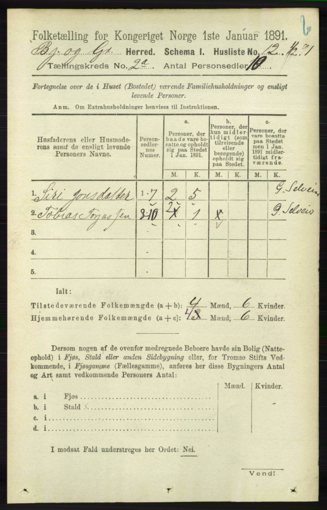 RA, 1891 census for 1024 Bjelland og Grindheim, 1891, p. 255