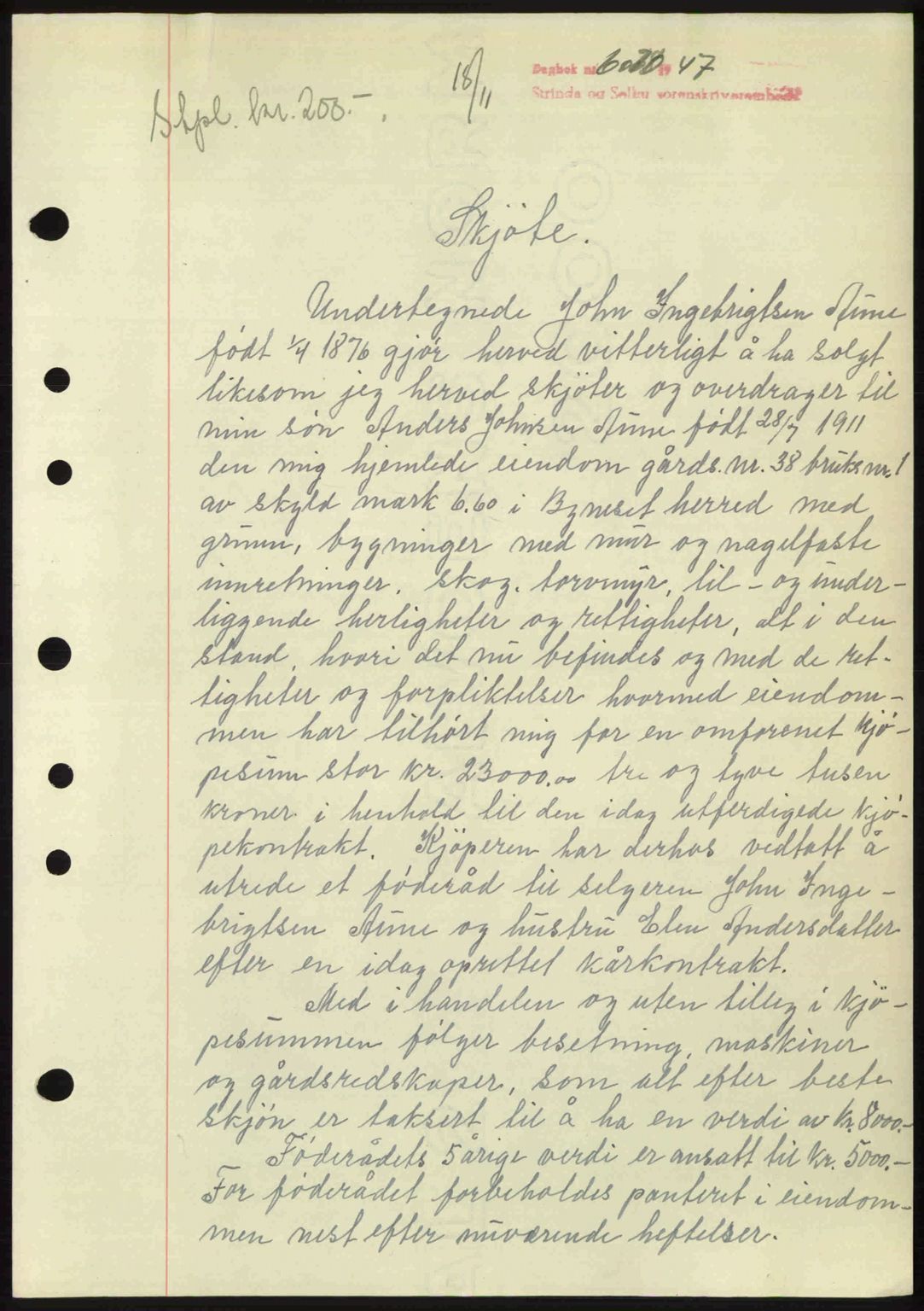 Strinda og Selbu sorenskriveri, AV/SAT-A-0015/2/2C: Mortgage book no. A7, 1947-1948, Diary no: : 6070/1947