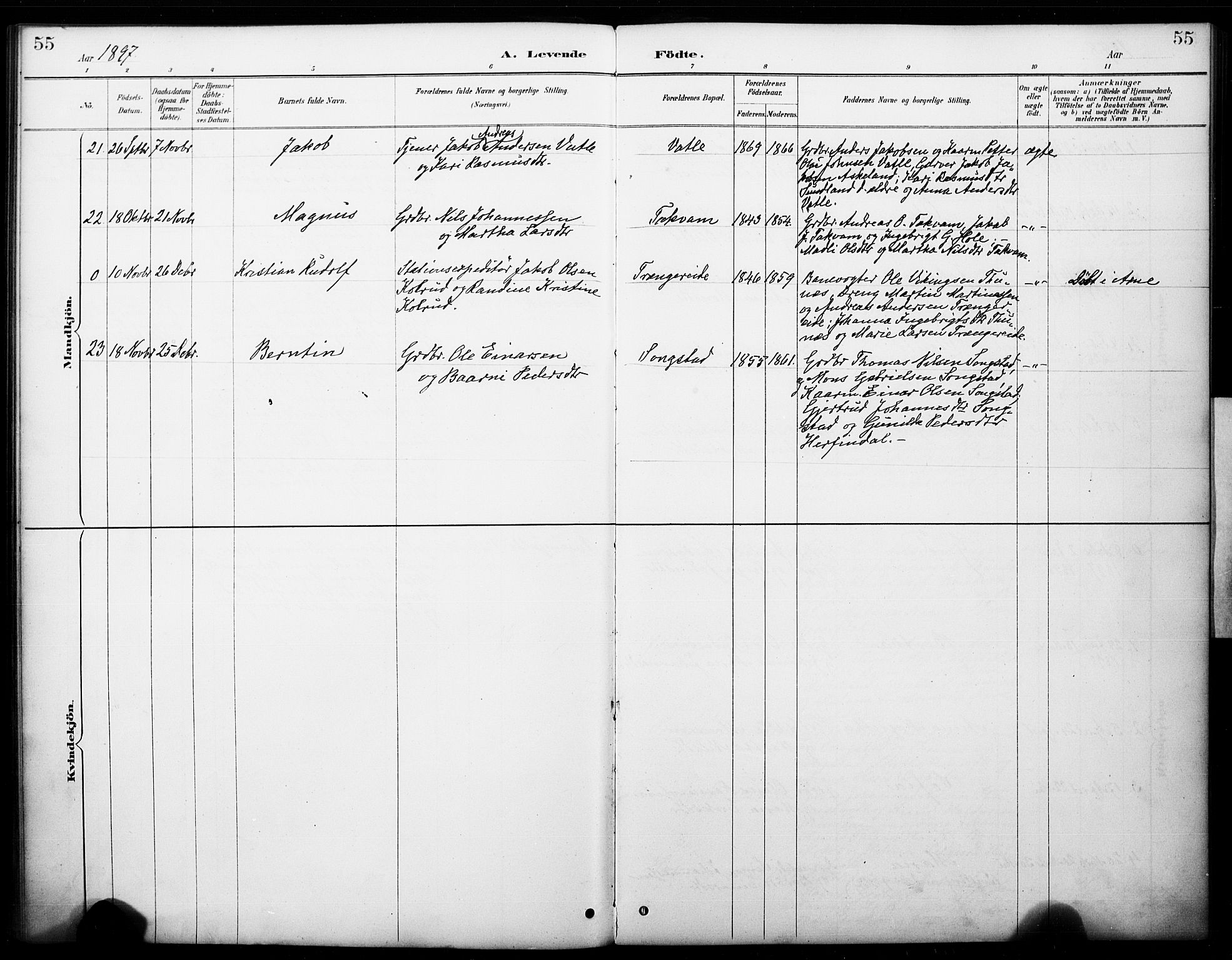 Haus sokneprestembete, AV/SAB-A-75601/H/Haa: Parish register (official) no. B 1, 1887-1898, p. 55