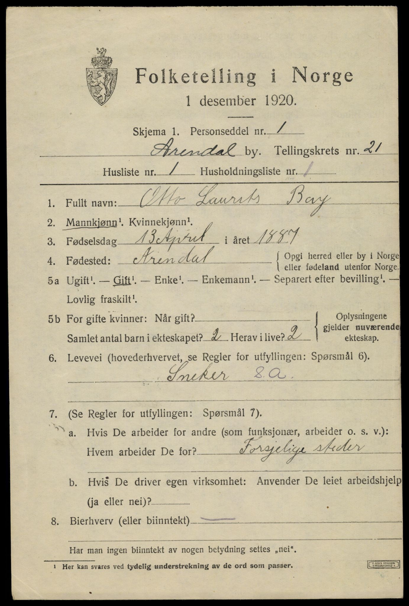 SAK, 1920 census for Arendal, 1920, p. 27508