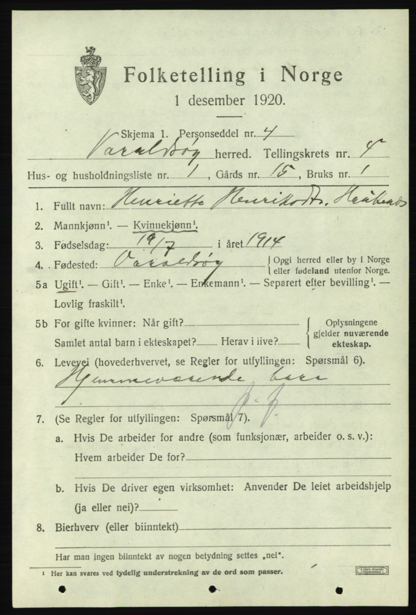 SAB, 1920 census for Varaldsøy, 1920, p. 1385