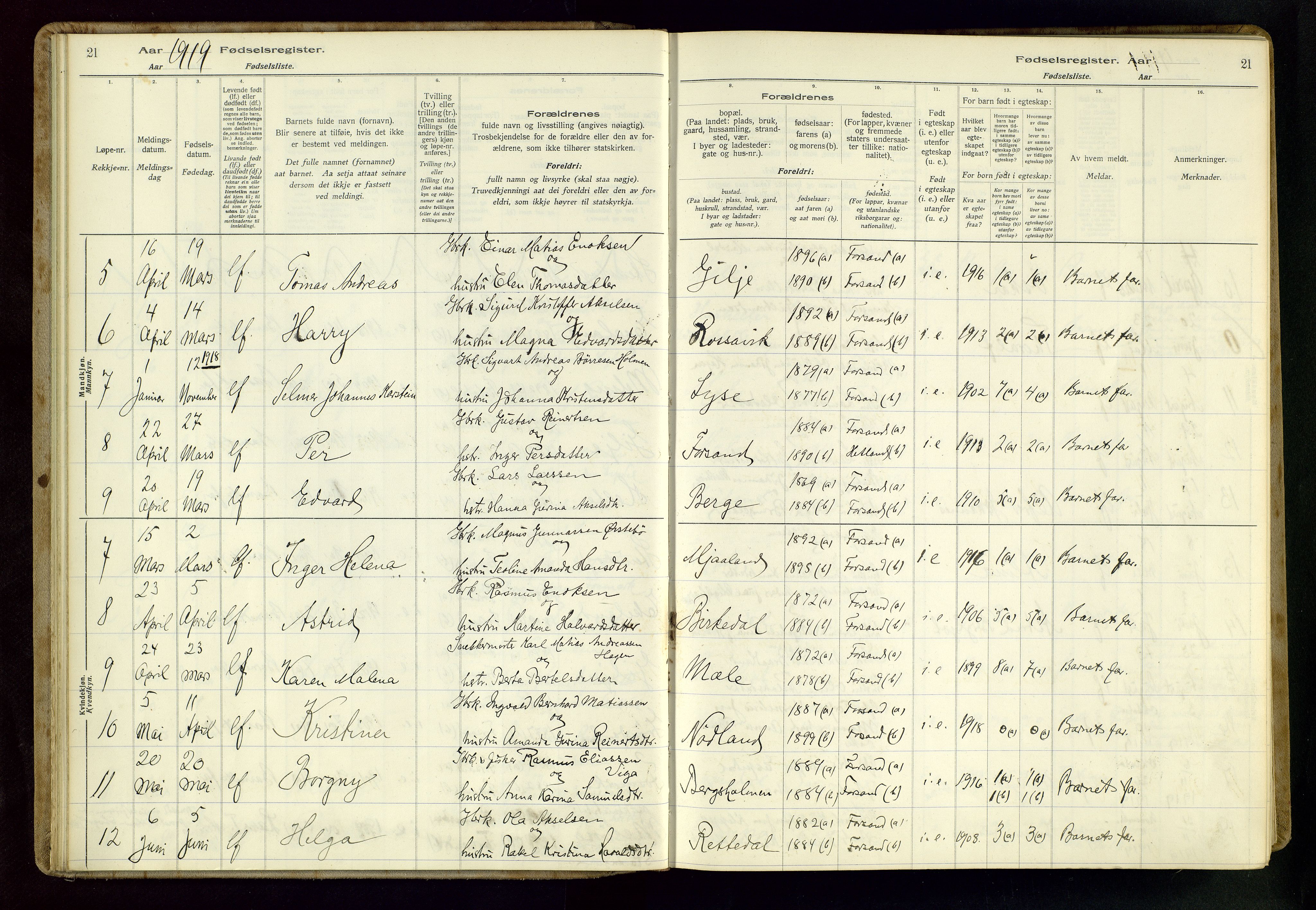 Høgsfjord sokneprestkontor, AV/SAST-A-101624/I/Id/L0002: Birth register no. 2, 1916-1959, p. 21