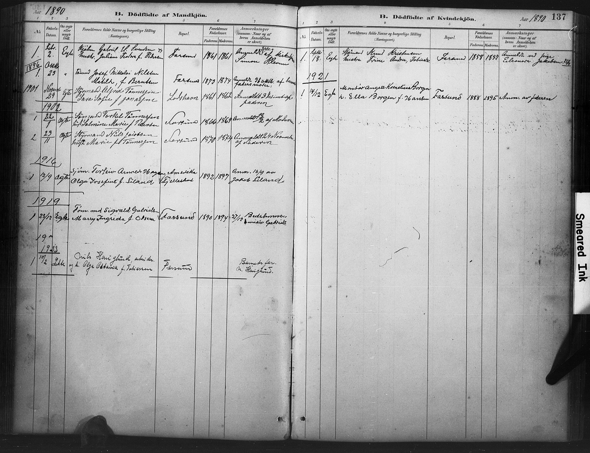 Farsund sokneprestkontor, SAK/1111-0009/F/Fb/L0001: Parish register (copy) no. B 1, 1886-1931, p. 137