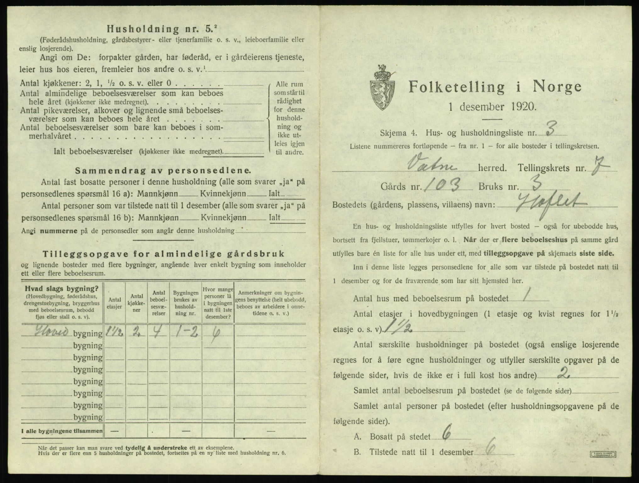 SAT, 1920 census for Vatne, 1920, p. 428