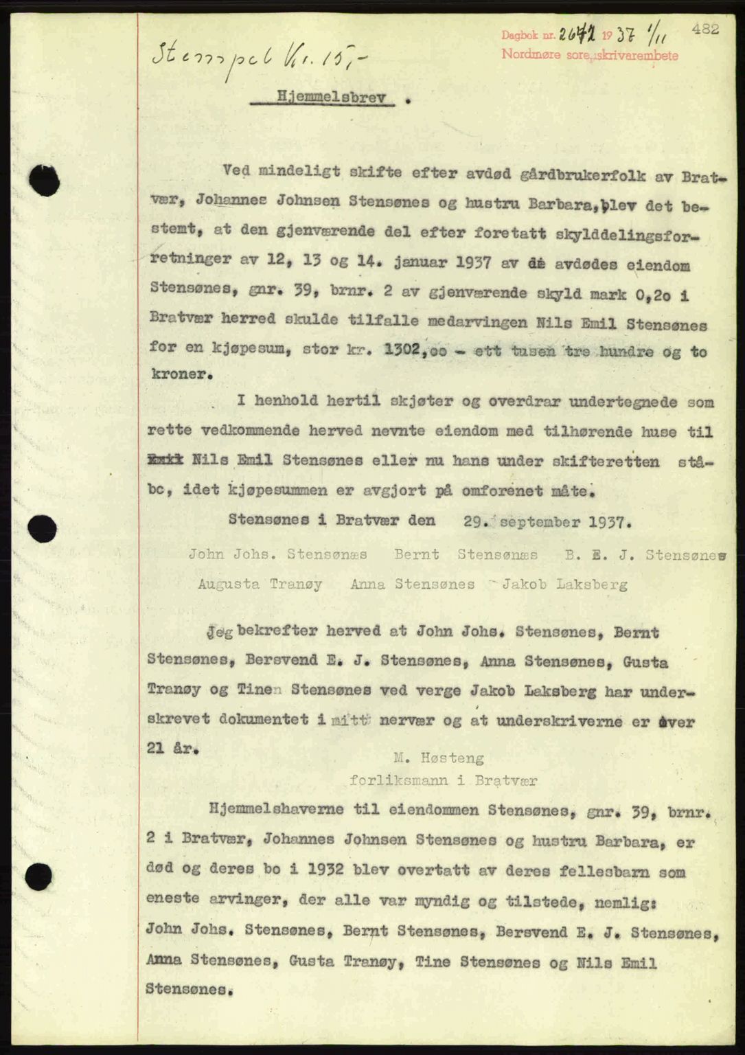 Nordmøre sorenskriveri, SAT/A-4132/1/2/2Ca: Mortgage book no. A82, 1937-1938, Diary no: : 2642/1937