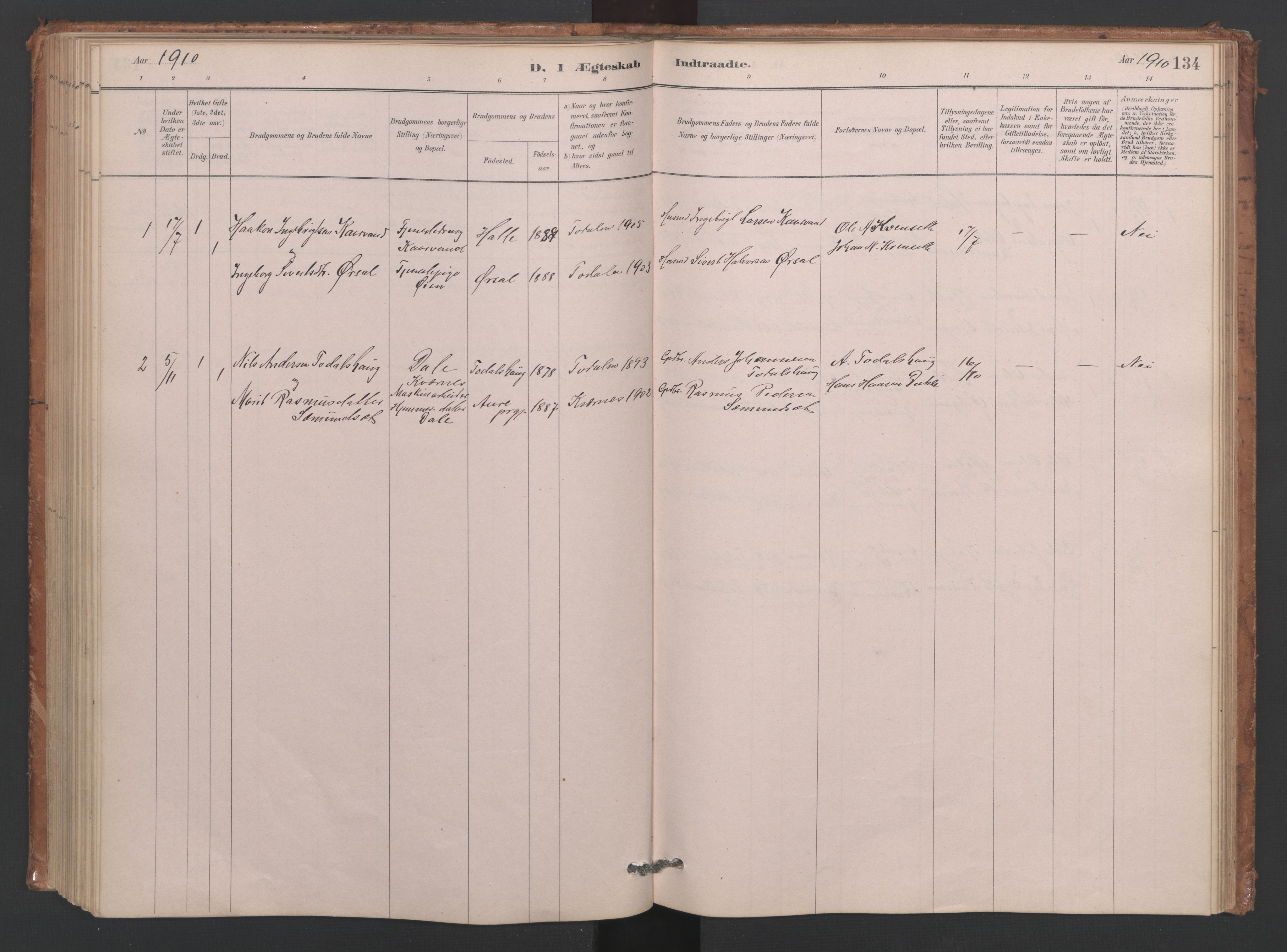 Ministerialprotokoller, klokkerbøker og fødselsregistre - Møre og Romsdal, AV/SAT-A-1454/593/L1034: Parish register (official) no. 593A01, 1879-1911, p. 134