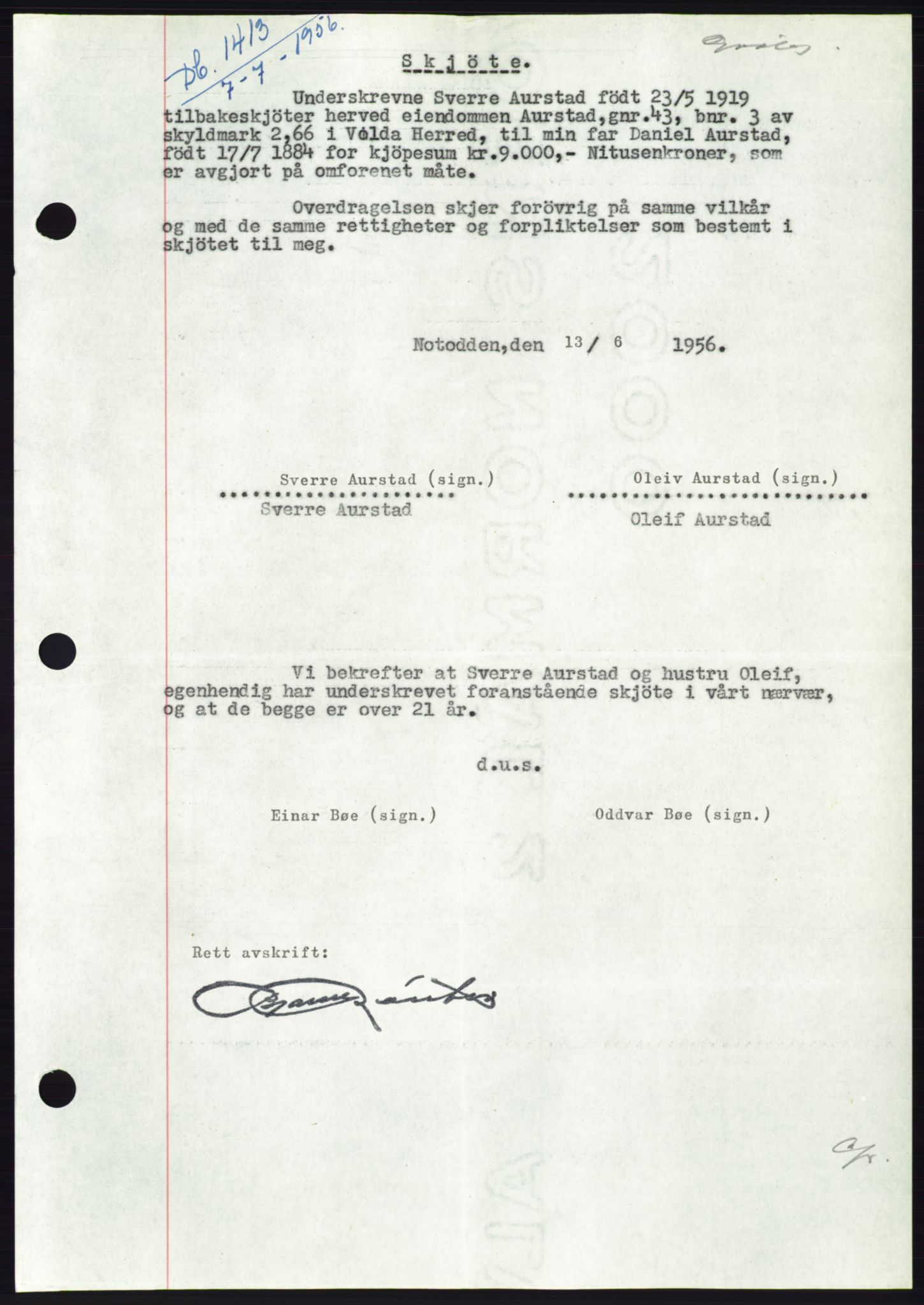 Søre Sunnmøre sorenskriveri, AV/SAT-A-4122/1/2/2C/L0104: Mortgage book no. 30A, 1956-1956, Diary no: : 1413/1956