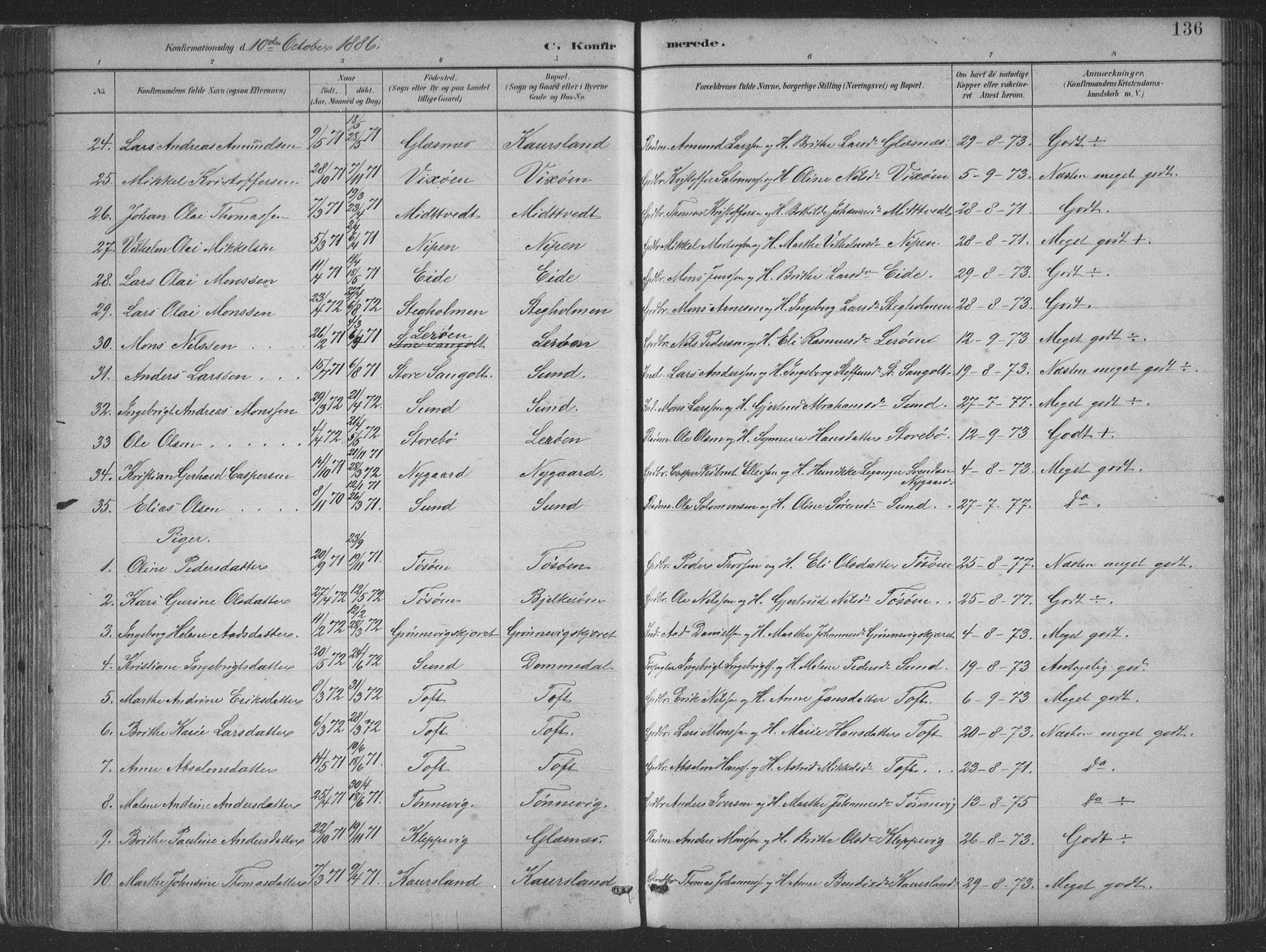 Sund sokneprestembete, AV/SAB-A-99930: Parish register (copy) no. B 3, 1882-1911, p. 136