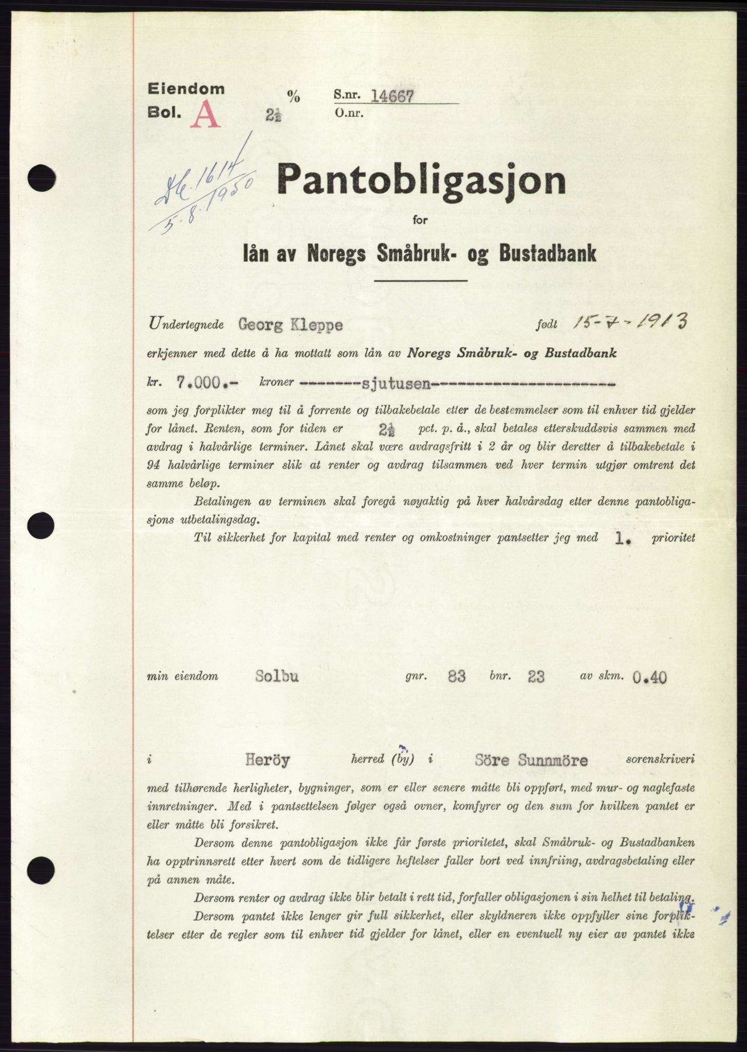 Søre Sunnmøre sorenskriveri, AV/SAT-A-4122/1/2/2C/L0119: Mortgage book no. 7B, 1950-1951, Diary no: : 1614/1950