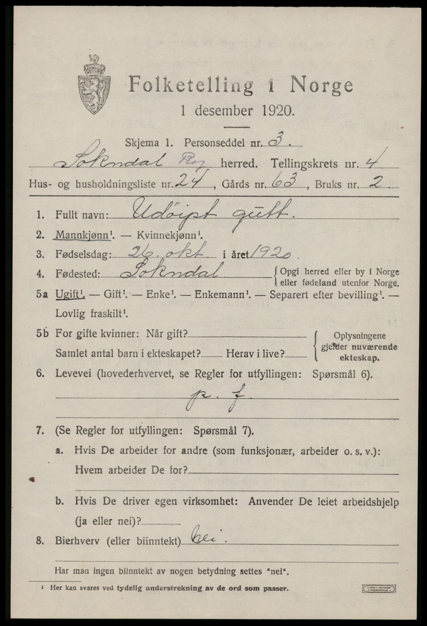 SAST, 1920 census for Sokndal, 1920, p. 3103