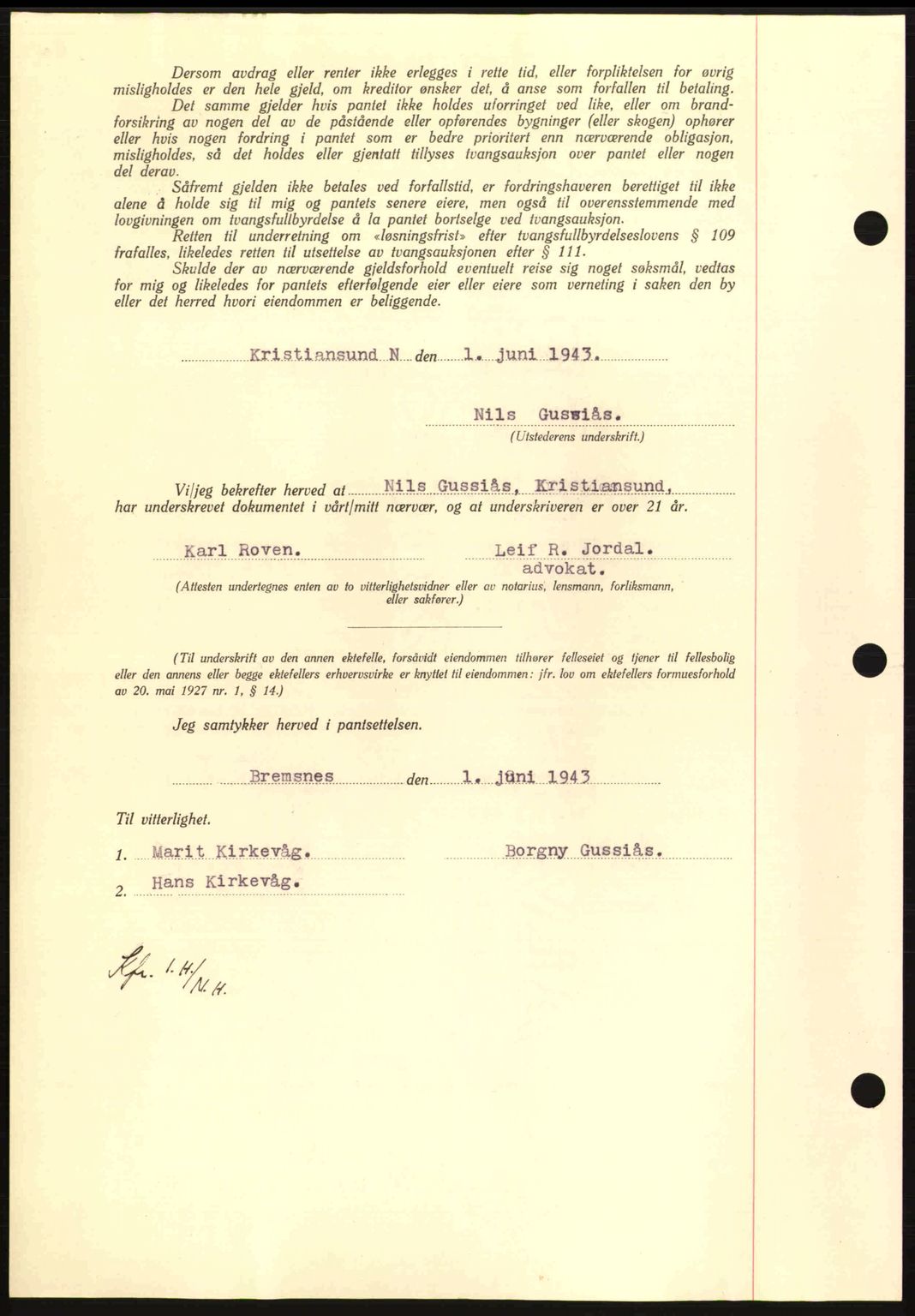 Nordmøre sorenskriveri, AV/SAT-A-4132/1/2/2Ca: Mortgage book no. B90, 1942-1943, Diary no: : 1391/1943