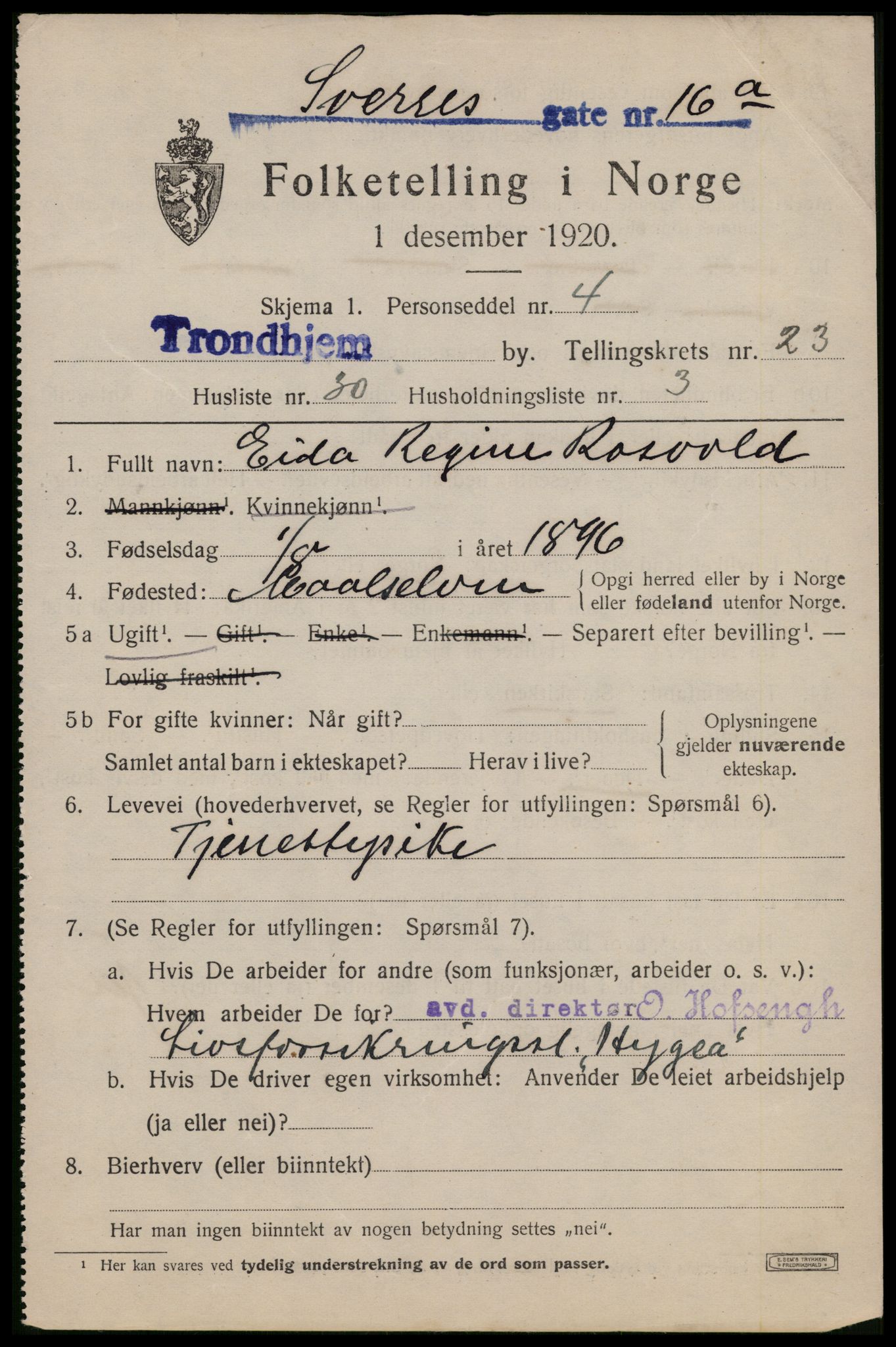 SAT, 1920 census for Trondheim, 1920, p. 65344