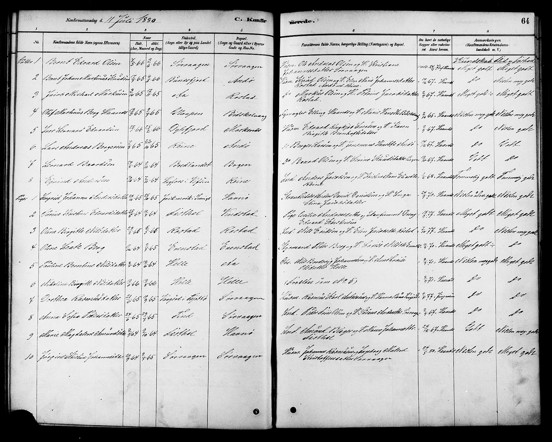 Ministerialprotokoller, klokkerbøker og fødselsregistre - Nordland, AV/SAT-A-1459/886/L1219: Parish register (official) no. 886A01, 1878-1892, p. 64