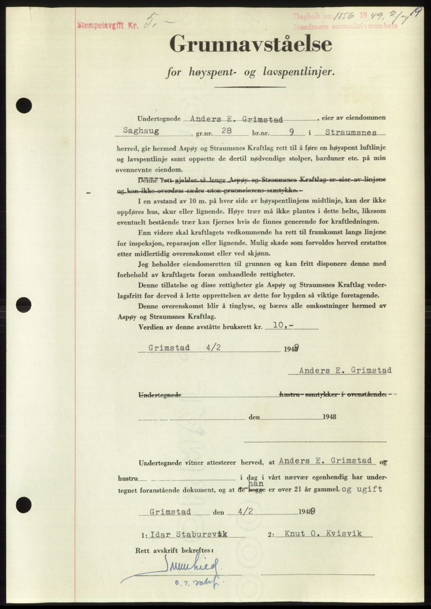 Nordmøre sorenskriveri, AV/SAT-A-4132/1/2/2Ca: Mortgage book no. B102, 1949-1949, Diary no: : 1856/1949