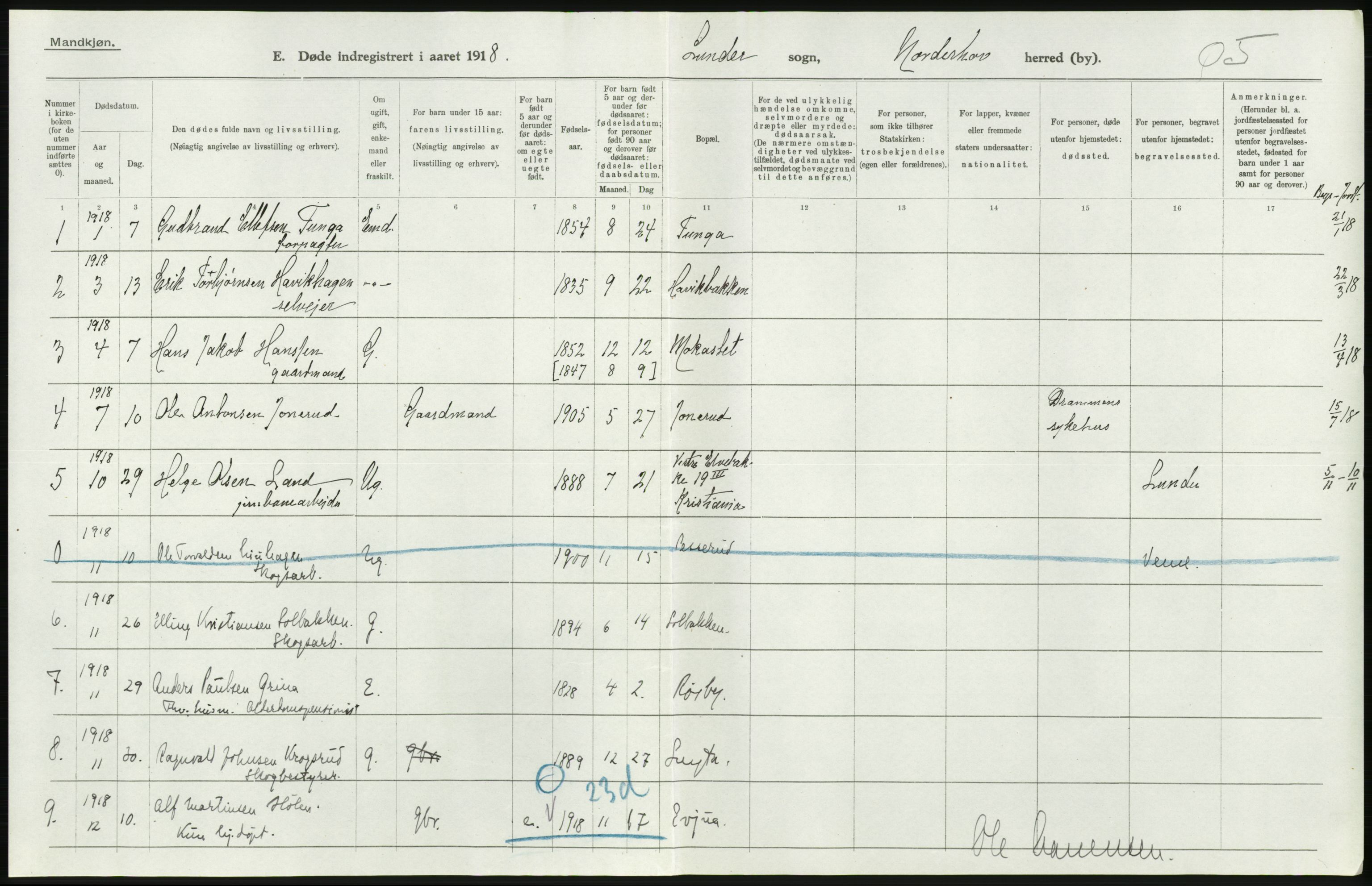 Statistisk sentralbyrå, Sosiodemografiske emner, Befolkning, AV/RA-S-2228/D/Df/Dfb/Dfbh/L0020: Buskerud fylke: Døde. Bygder og byer., 1918, p. 154