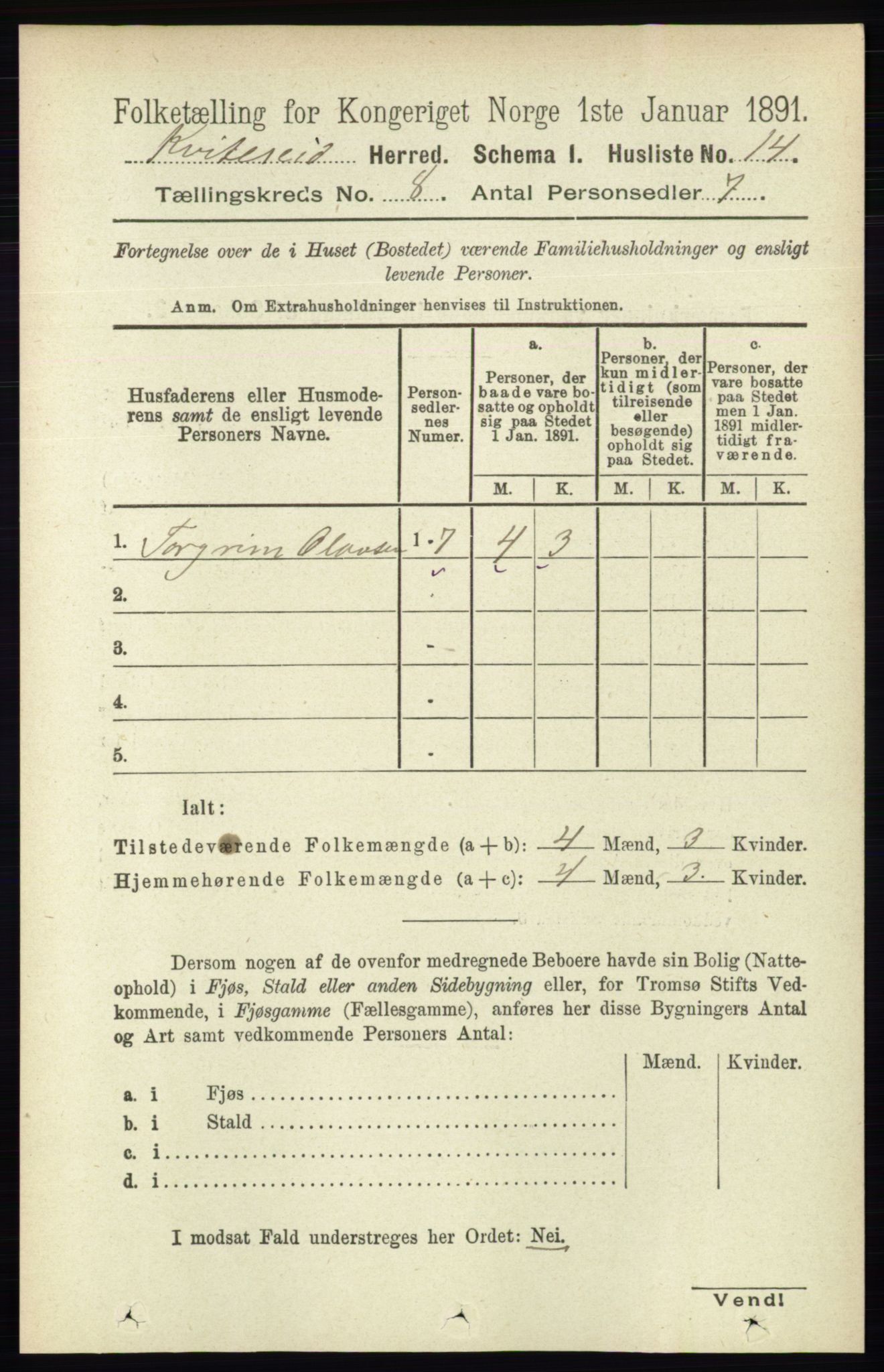 RA, 1891 census for 0829 Kviteseid, 1891, p. 1562