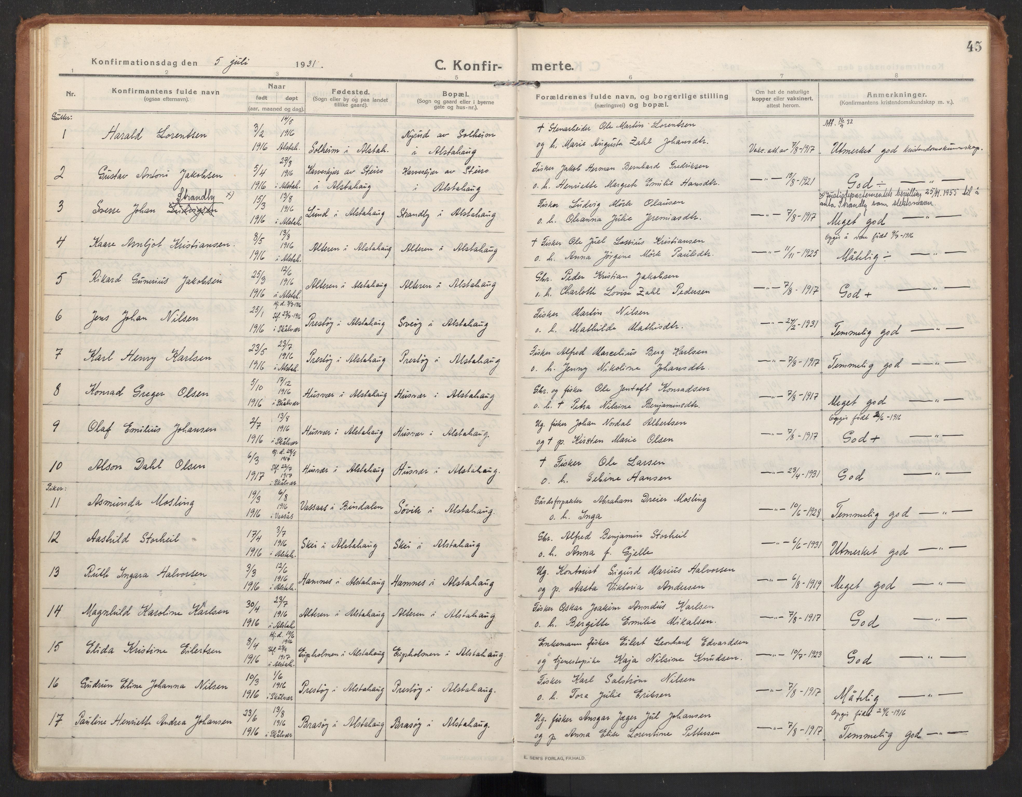 Ministerialprotokoller, klokkerbøker og fødselsregistre - Nordland, AV/SAT-A-1459/830/L0456: Parish register (official) no. 830A20, 1914-1937, p. 45