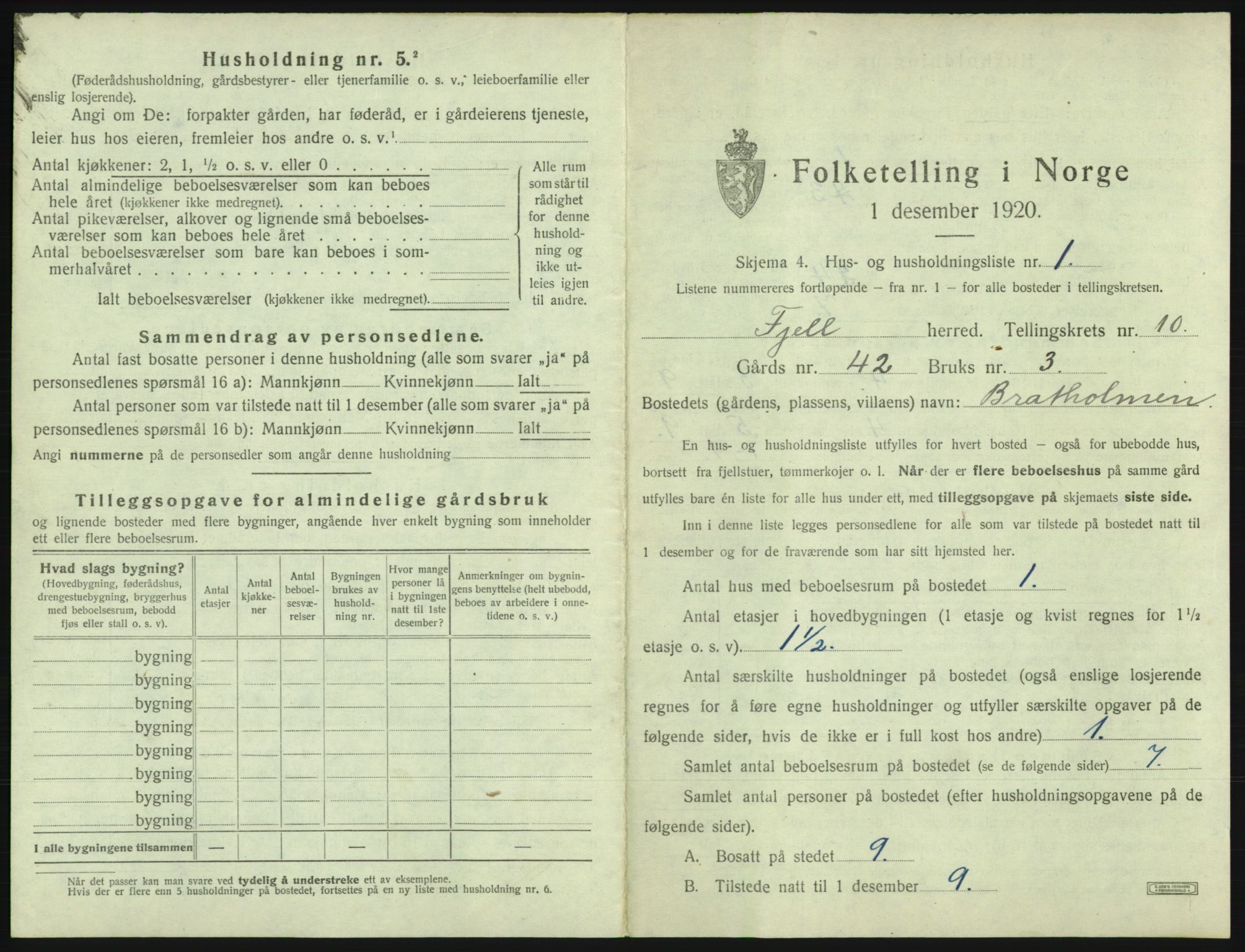 SAB, 1920 census for Fjell, 1920, p. 1086