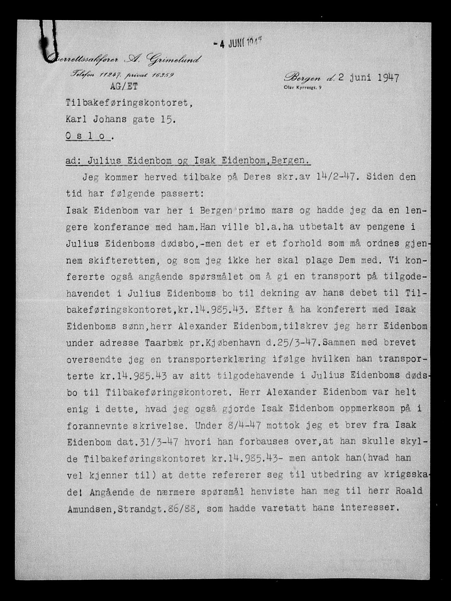 Justisdepartementet, Tilbakeføringskontoret for inndratte formuer, RA/S-1564/H/Hc/Hcd/L0995: --, 1945-1947, p. 12