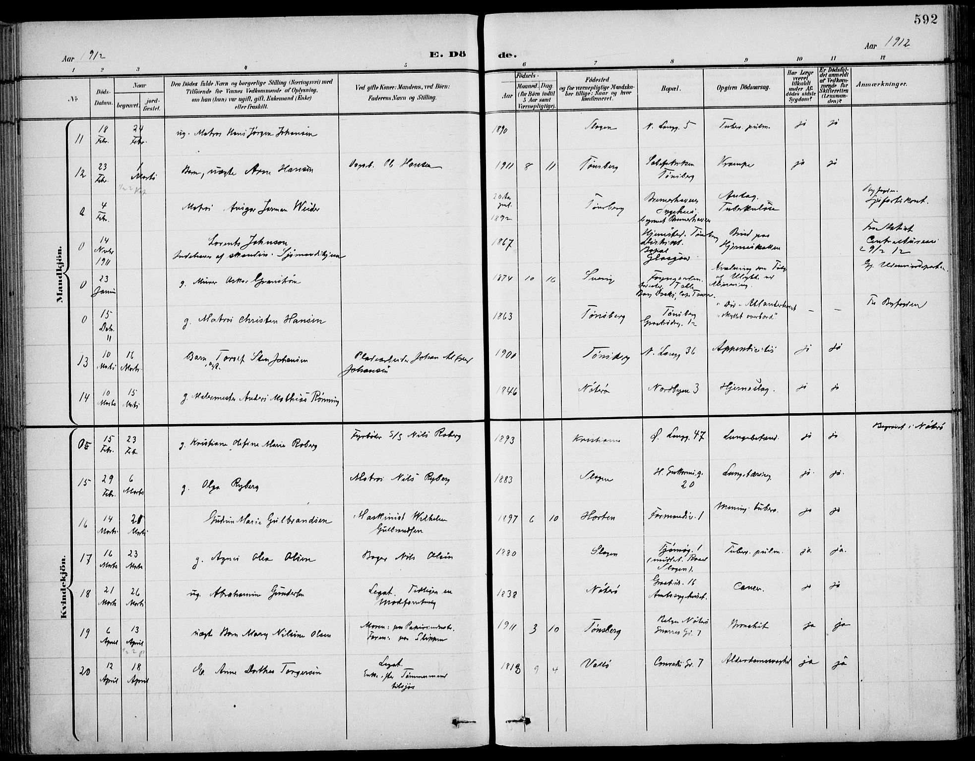 Tønsberg kirkebøker, AV/SAKO-A-330/F/Fa/L0013: Parish register (official) no. I 13, 1900-1913, p. 592