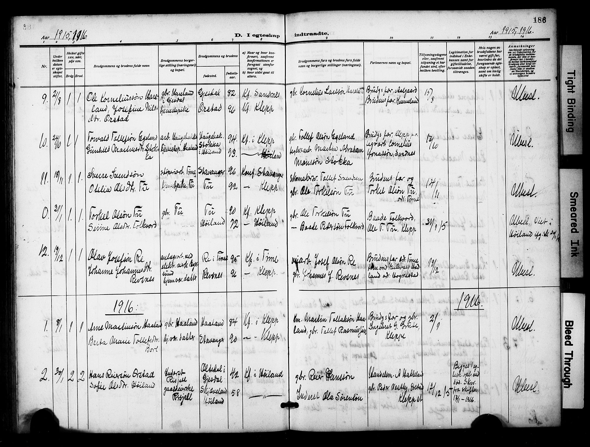 Klepp sokneprestkontor, SAST/A-101803/001/3/30BB/L0007: Parish register (copy) no. B 7, 1908-1934, p. 186