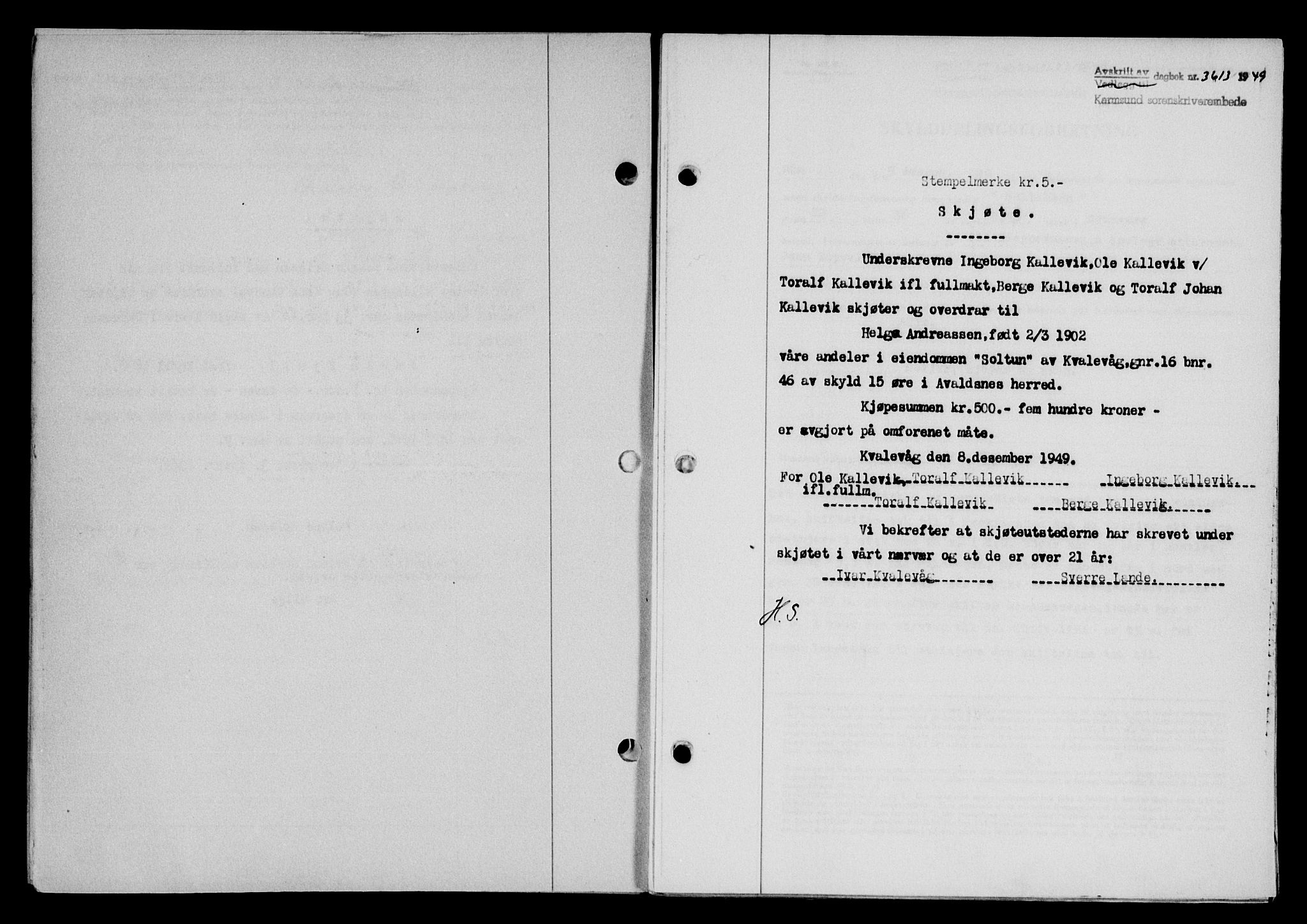 Karmsund sorenskriveri, SAST/A-100311/01/II/IIB/L0098: Mortgage book no. 78A, 1949-1950, Diary no: : 3613/1949