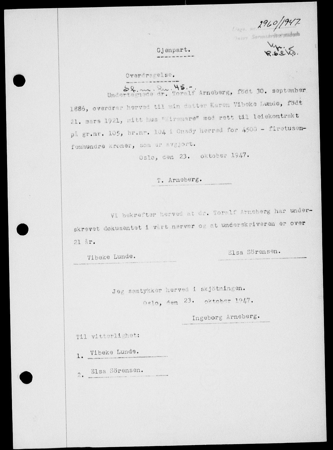 Onsøy sorenskriveri, SAO/A-10474/G/Ga/Gab/L0021: Mortgage book no. II A-21, 1947-1947, Diary no: : 2960/1947