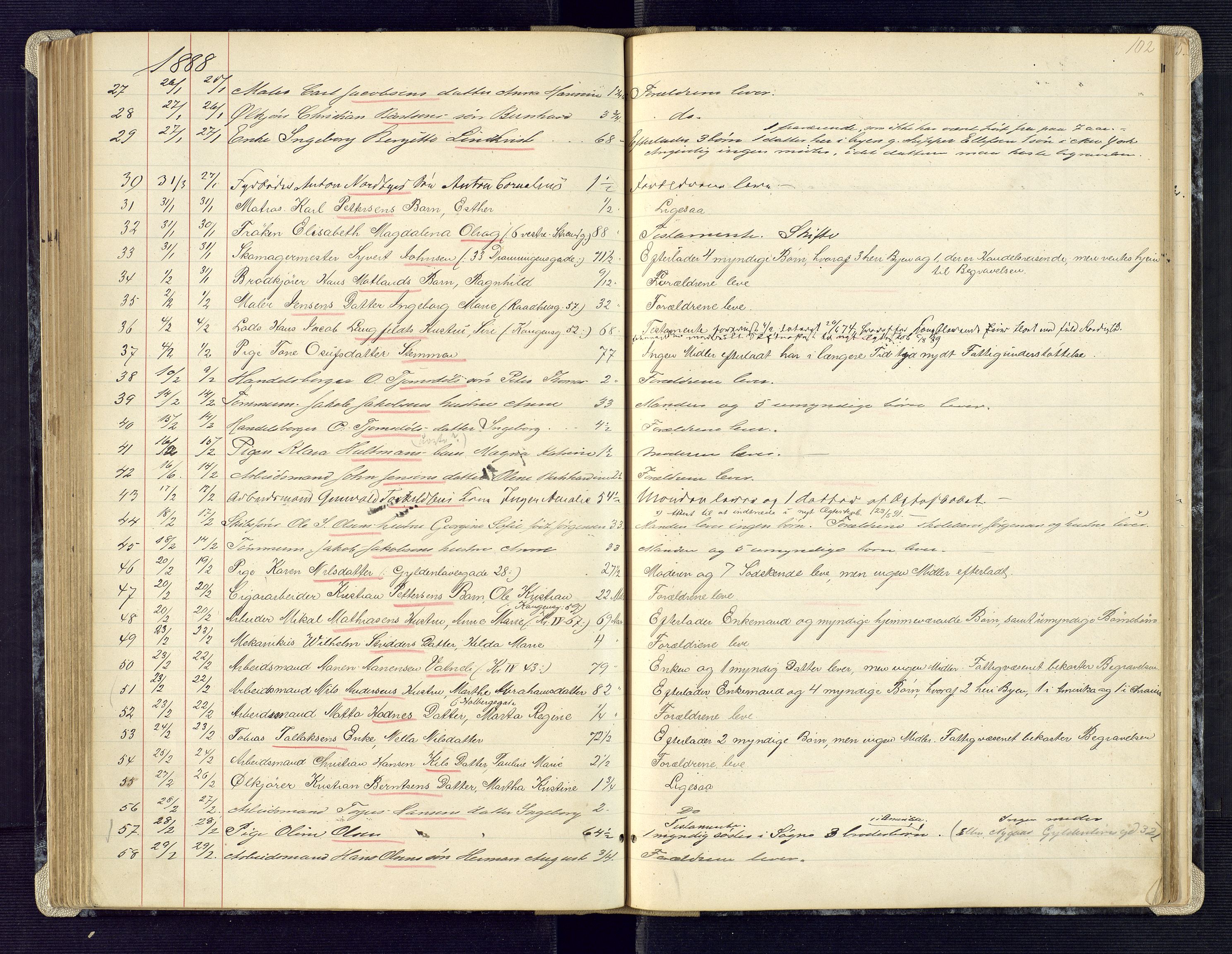 Kristiansand byrett, AV/SAK-1223-0001/H/Ha/L0006: Anmeldte dødsfall, 1878-1892, p. 102