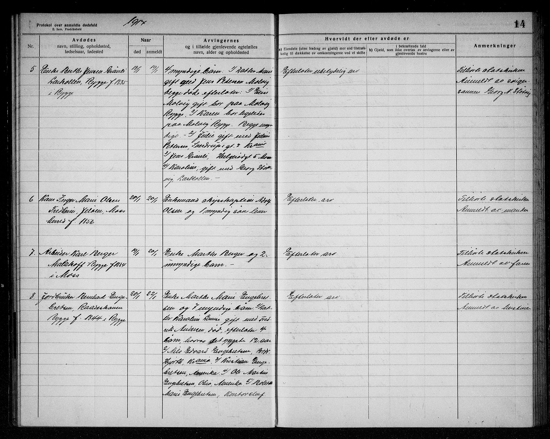Rygge lensmannskontor, AV/SAO-A-10005/H/Ha/Haa/L0006: Dødsfallsprotokoll, 1916-1920, p. 14