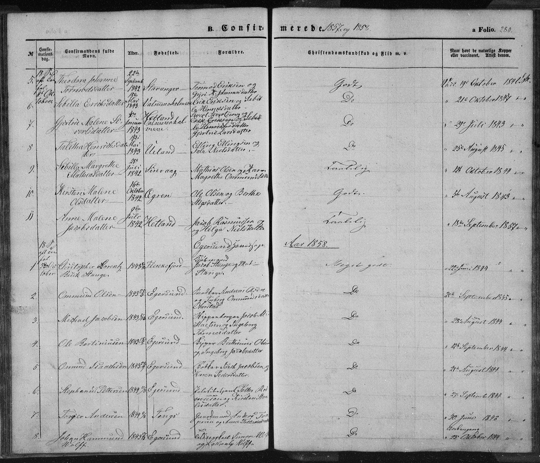 Eigersund sokneprestkontor, SAST/A-101807/S08/L0012: Parish register (official) no. A 12.1, 1850-1865, p. 280