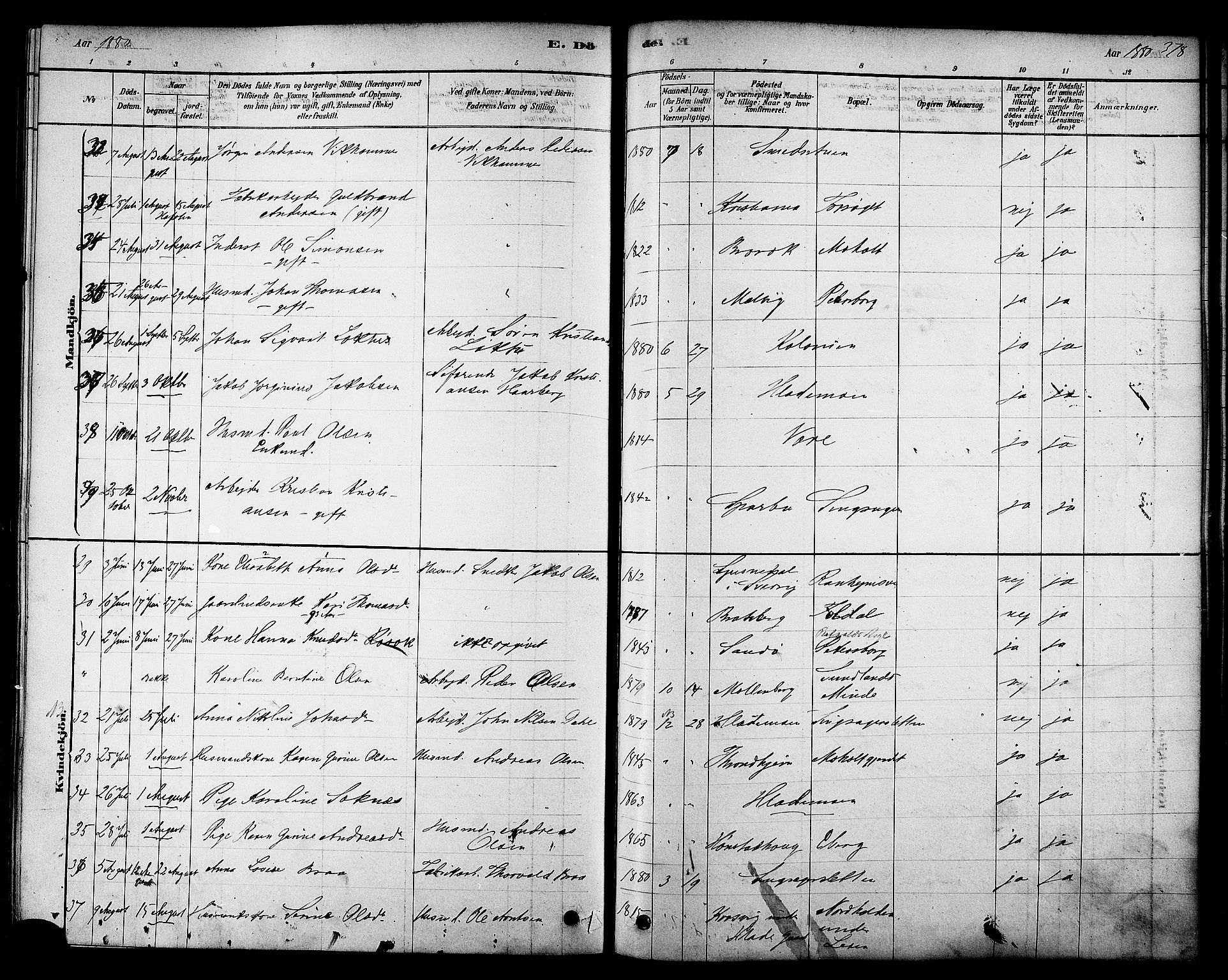 Ministerialprotokoller, klokkerbøker og fødselsregistre - Sør-Trøndelag, AV/SAT-A-1456/606/L0294: Parish register (official) no. 606A09, 1878-1886, p. 378