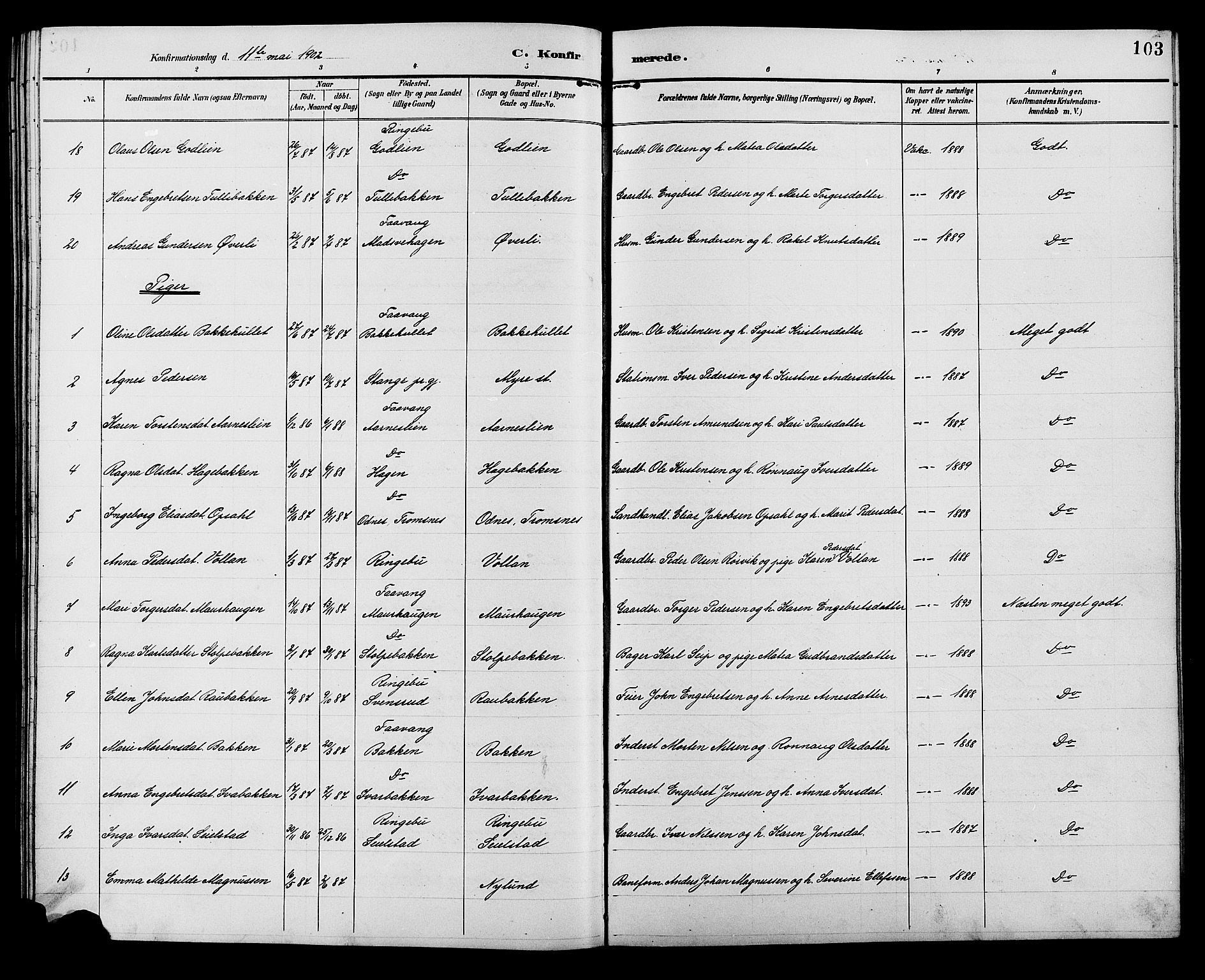 Ringebu prestekontor, AV/SAH-PREST-082/H/Ha/Hab/L0007: Parish register (copy) no. 7, 1890-1910, p. 103