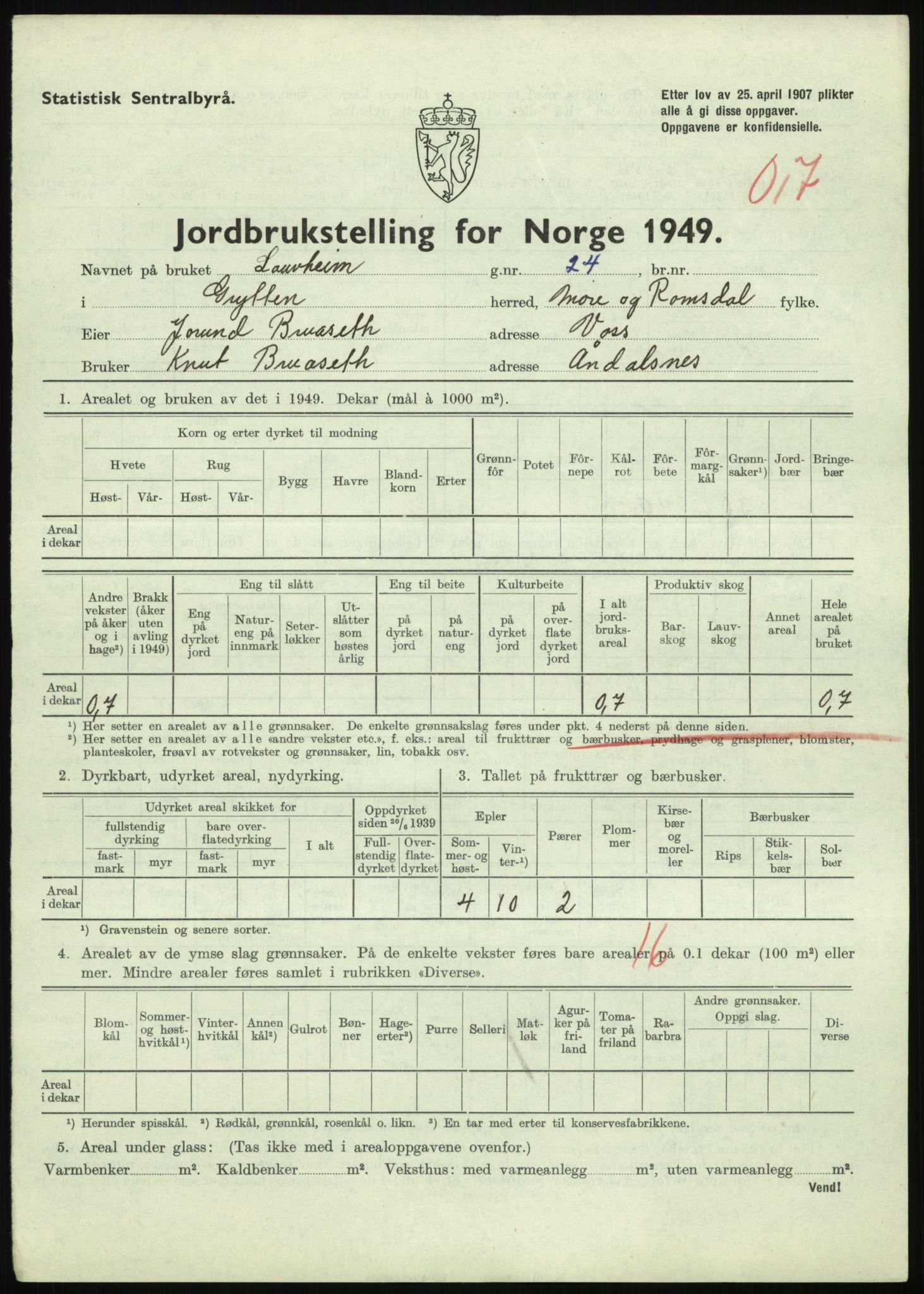 Statistisk sentralbyrå, Næringsøkonomiske emner, Jordbruk, skogbruk, jakt, fiske og fangst, AV/RA-S-2234/G/Gc/L0323: Møre og Romsdal: Grytten og Hen, 1949, p. 13