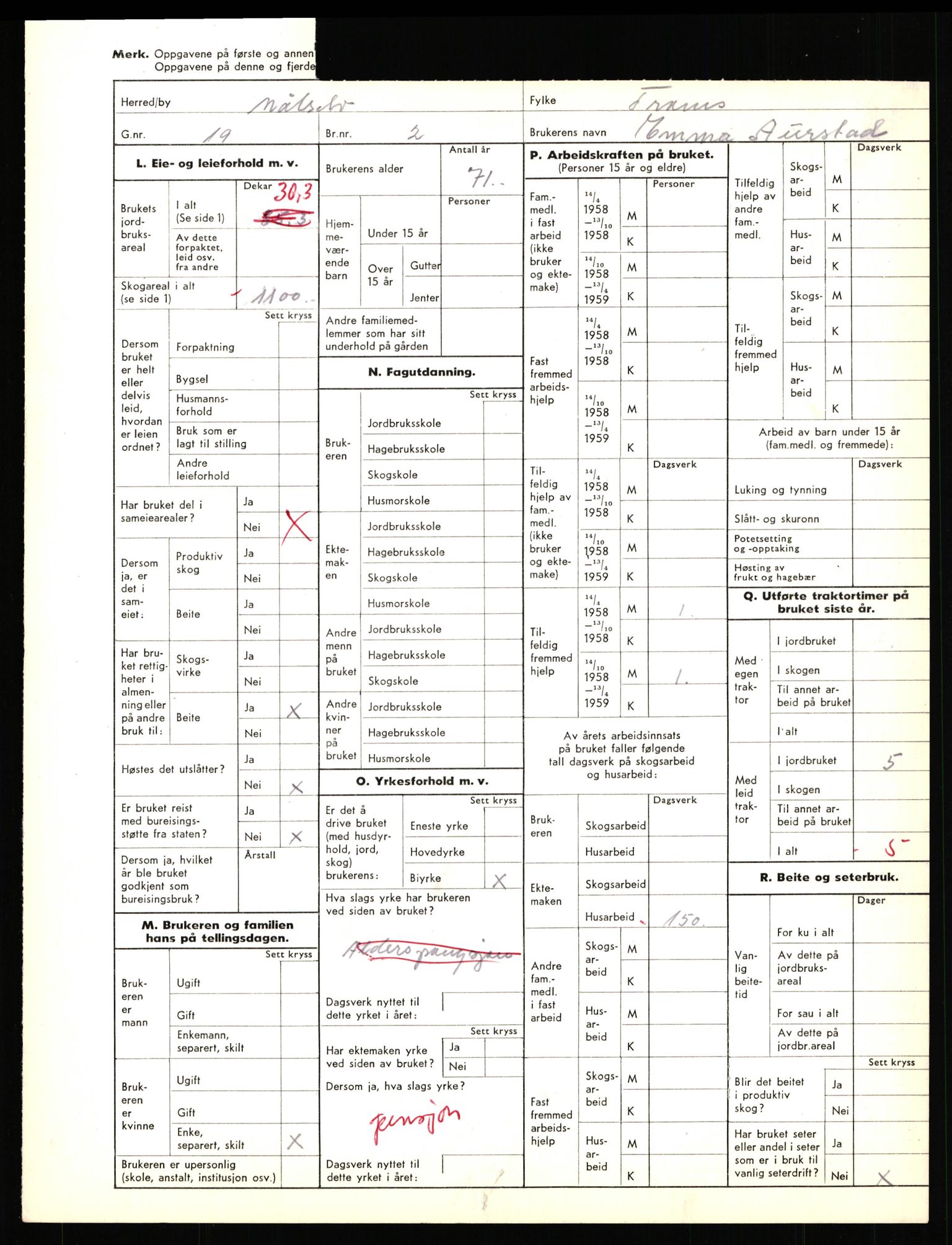 Statistisk sentralbyrå, Næringsøkonomiske emner, Jordbruk, skogbruk, jakt, fiske og fangst, AV/RA-S-2234/G/Gd/L0655: Troms: 1924 Målselv (kl. 4-10), 1959, p. 1247