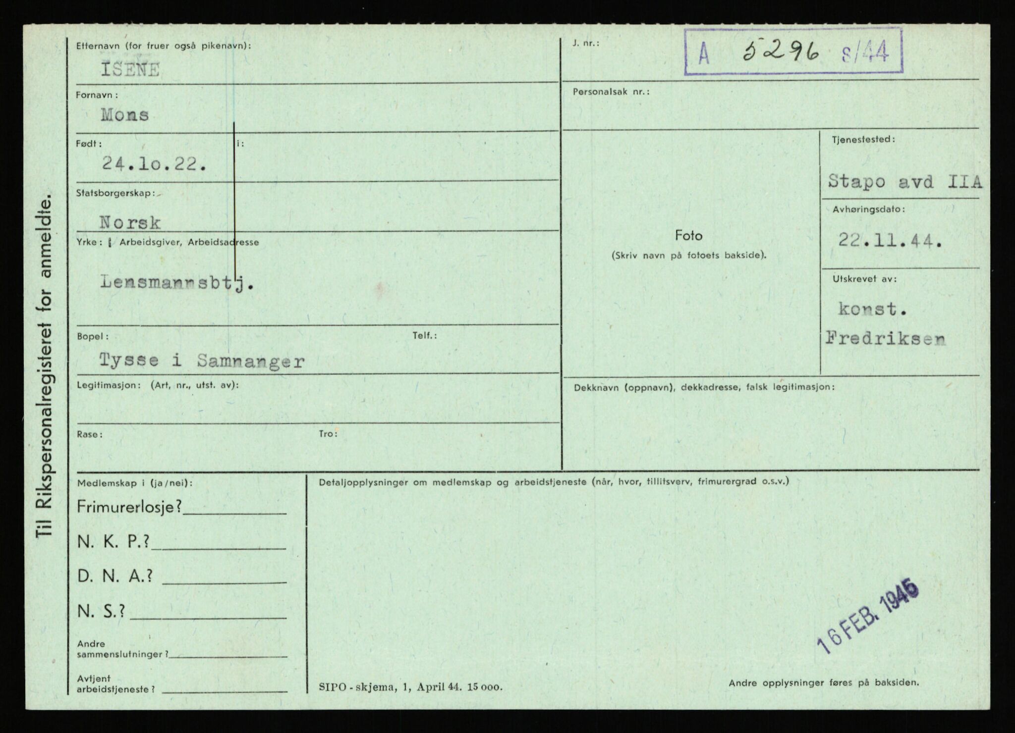 Statspolitiet - Hovedkontoret / Osloavdelingen, AV/RA-S-1329/C/Ca/L0007: Hol - Joelsen, 1943-1945, p. 2605