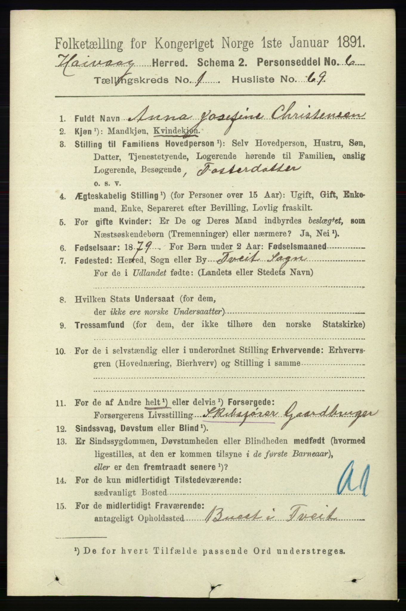 RA, 1891 census for 0927 Høvåg, 1891, p. 453