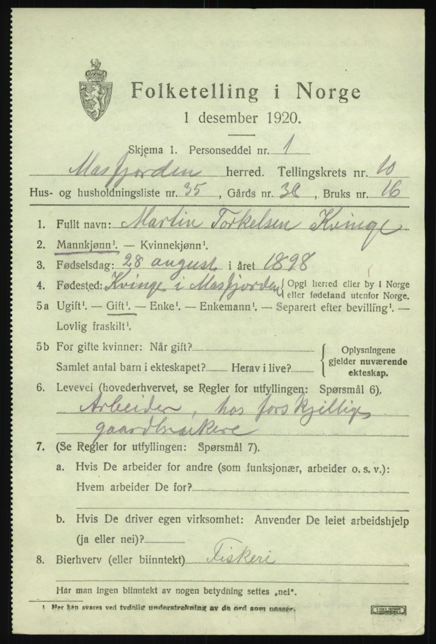 SAB, 1920 census for Masfjorden, 1920, p. 4115