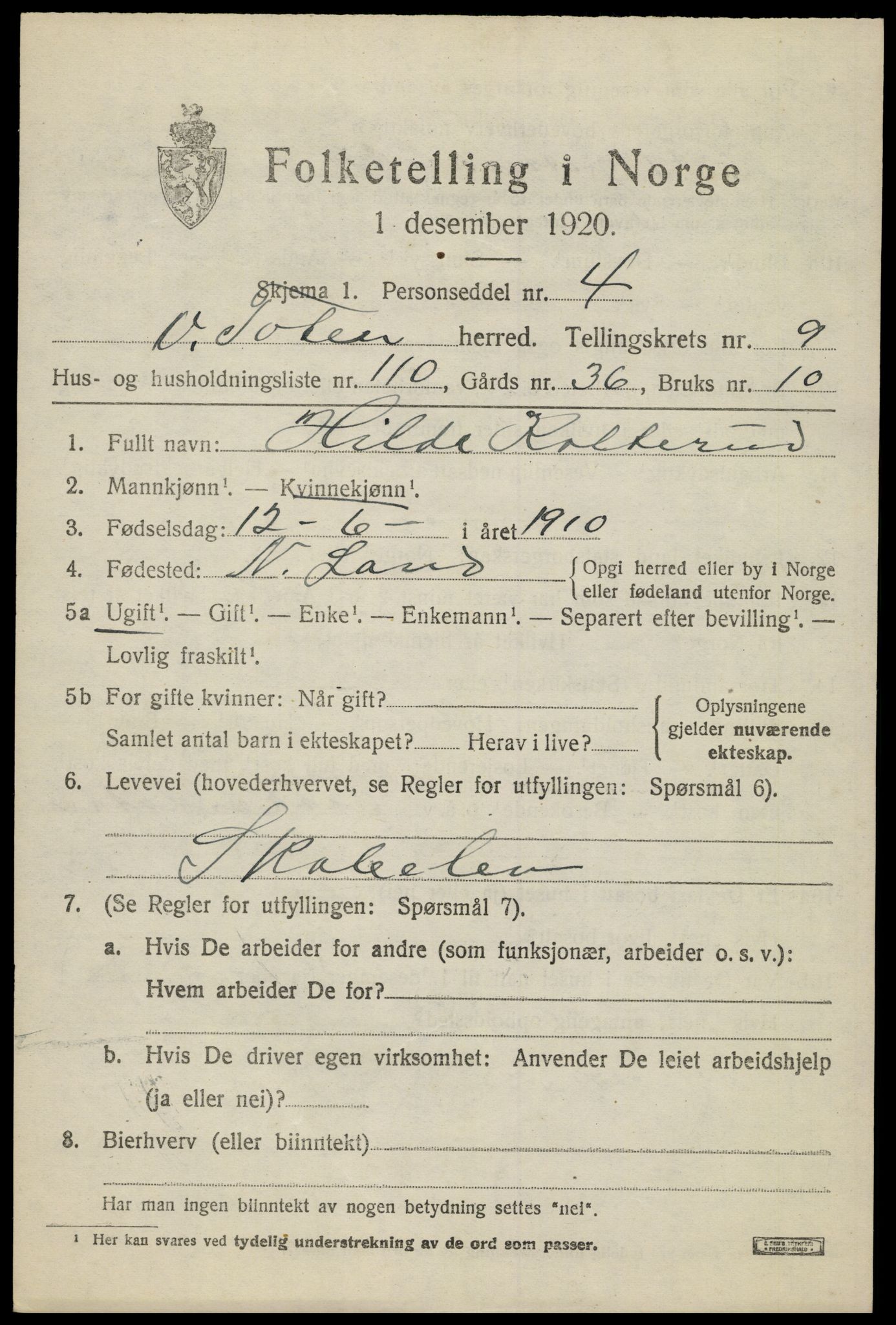 SAH, 1920 census for Vestre Toten, 1920, p. 12982