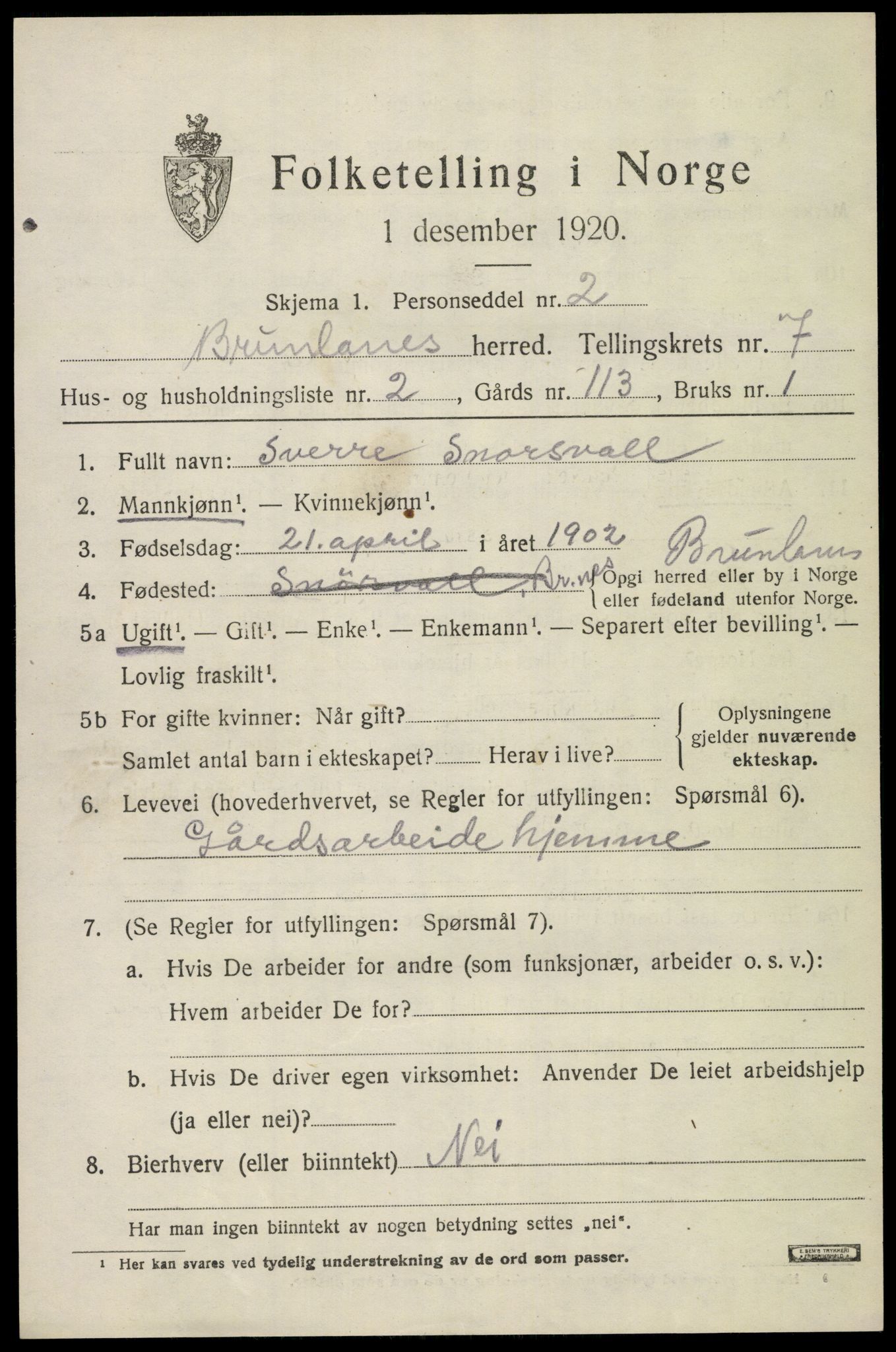 SAKO, 1920 census for Brunlanes, 1920, p. 7079